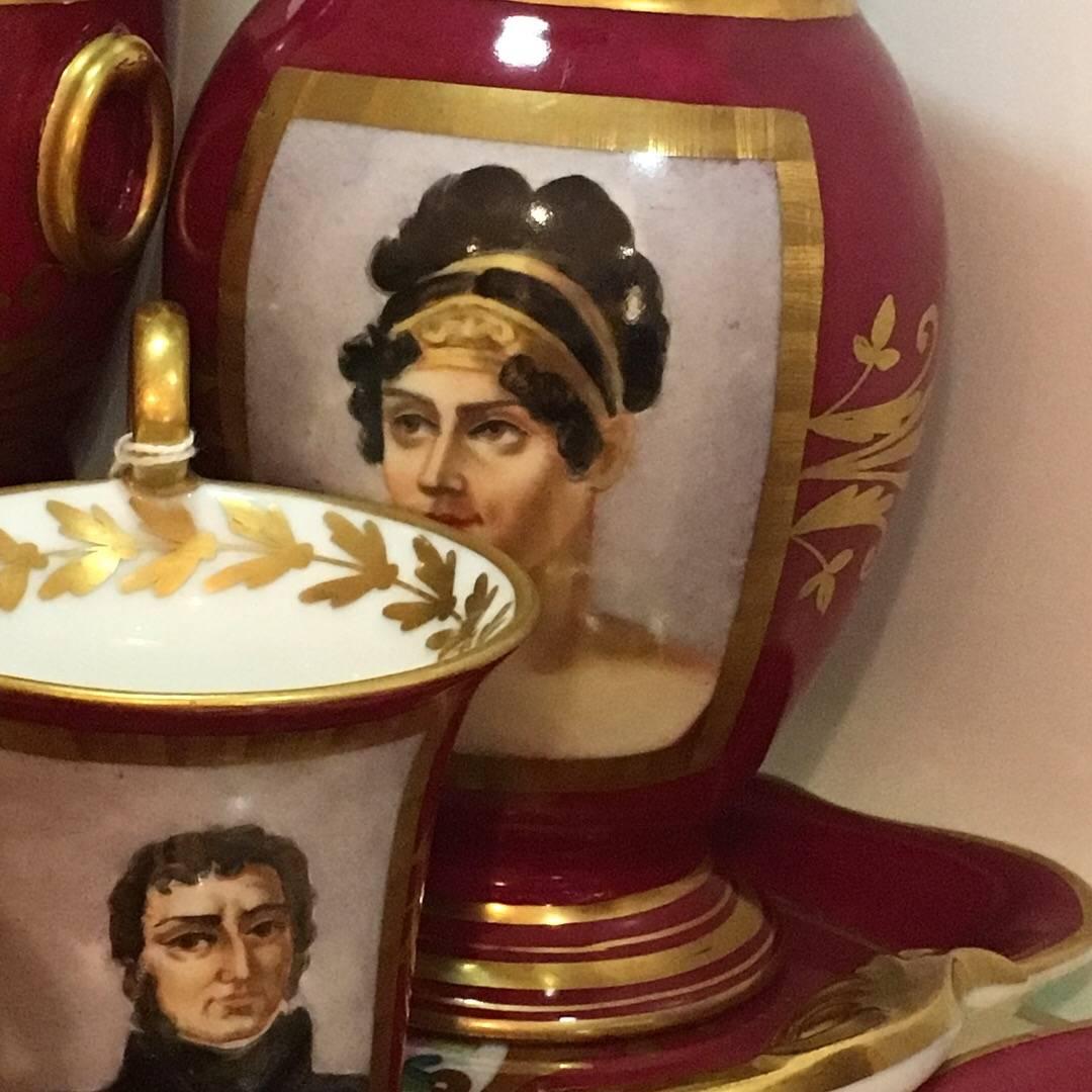 Enameled 19th Century, Paris Porcelain Tea Set Featuring Napoleonic Portraits with Tray