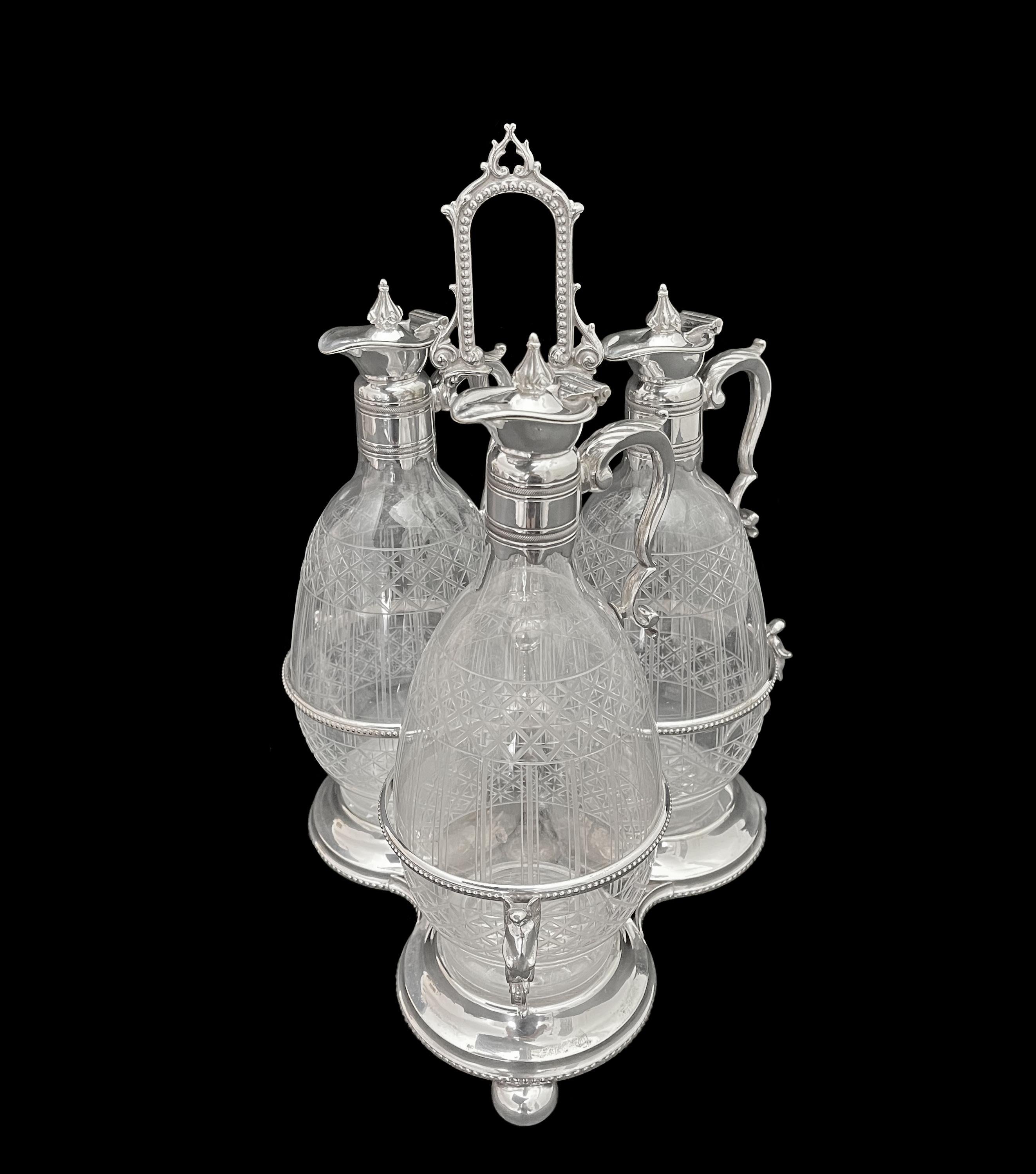 English 19th CenturyBritish Cut Crystal Mounted Silver Plated Cruet Set For Sale