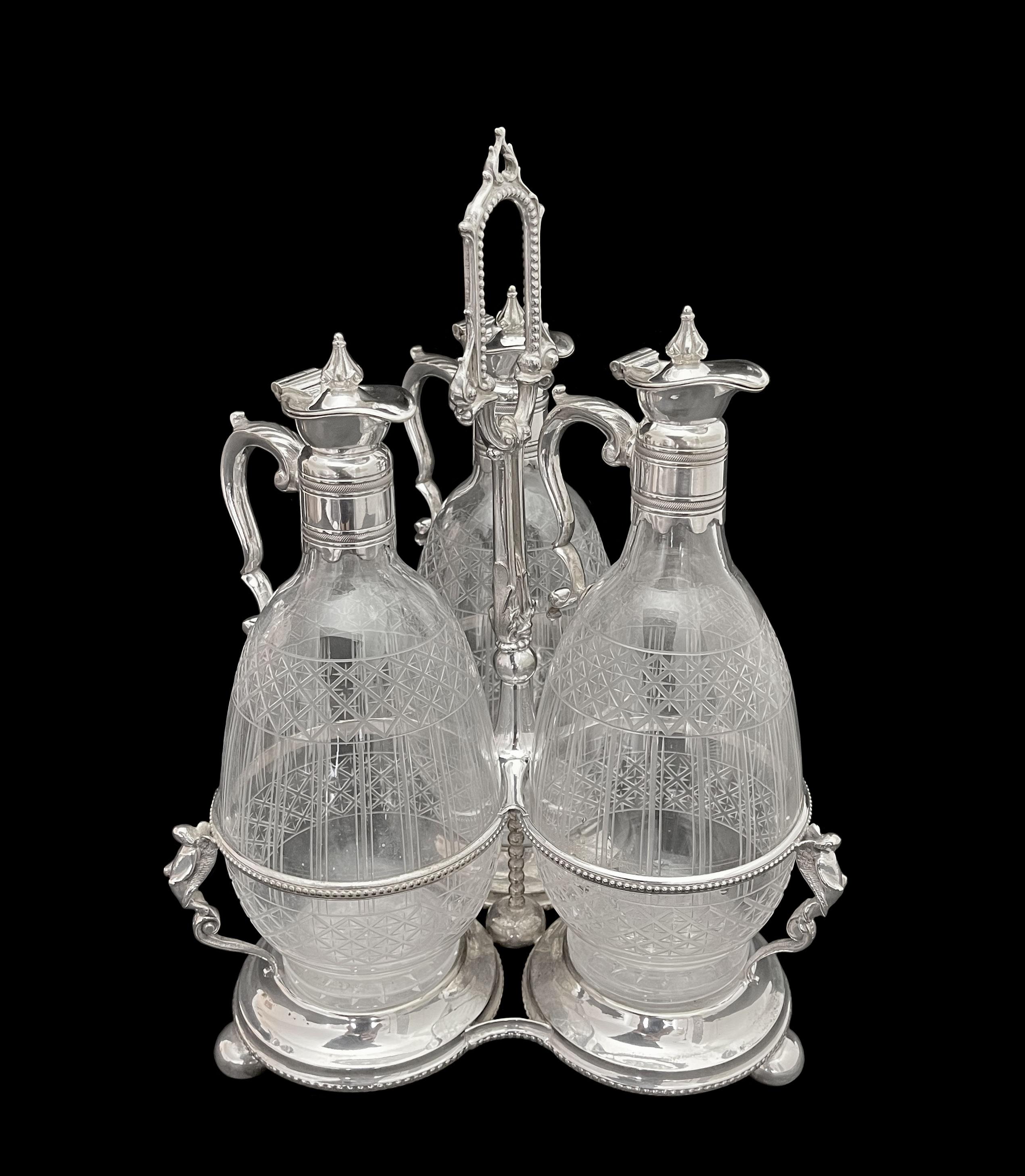 Hand-Carved 19th CenturyBritish Cut Crystal Mounted Silver Plated Cruet Set For Sale