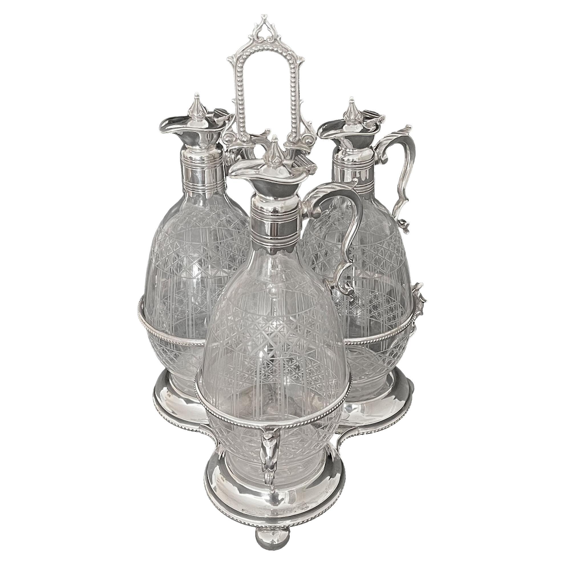 19th CenturyBritish Cut Crystal Mounted Silver Plated Cruet Set For Sale