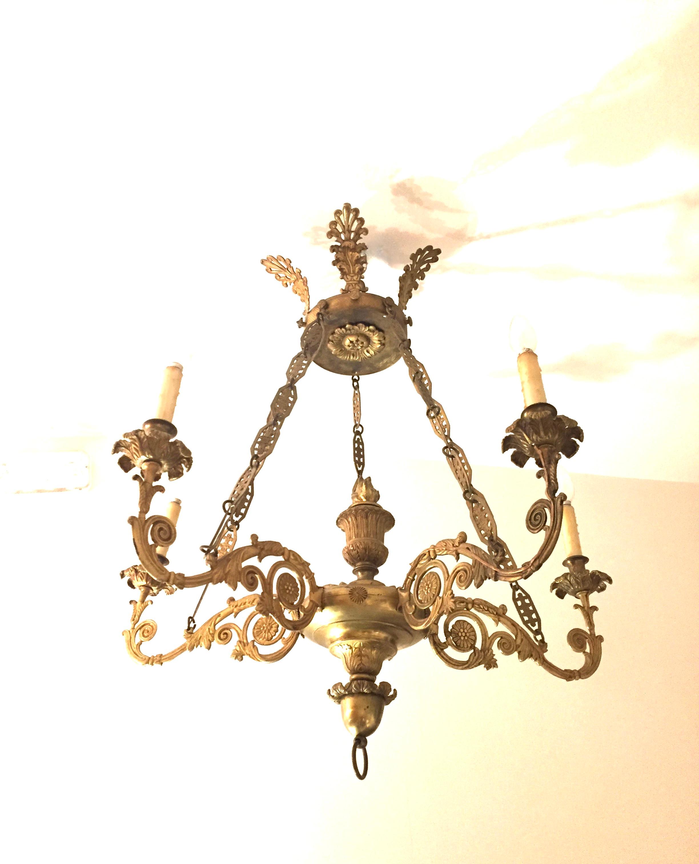 19th Century Empire Bronze Chandelier with Palmetto Crown and Flame Center For Sale 5