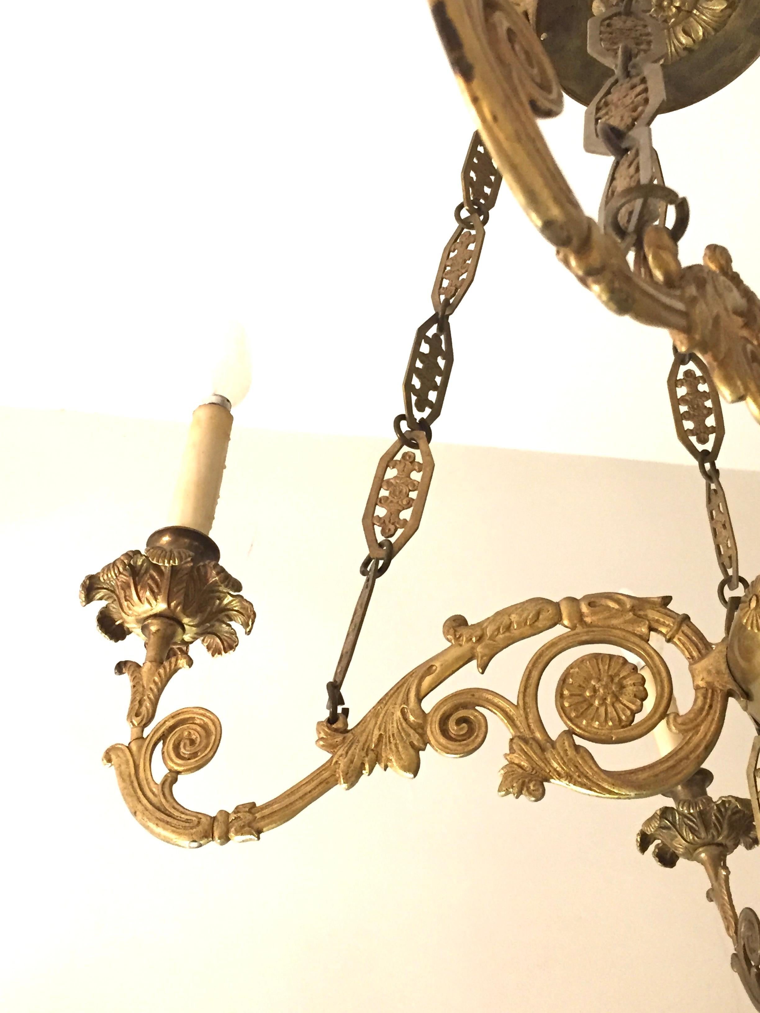 French 19th Century Empire Bronze Chandelier with Palmetto Crown and Flame Center For Sale