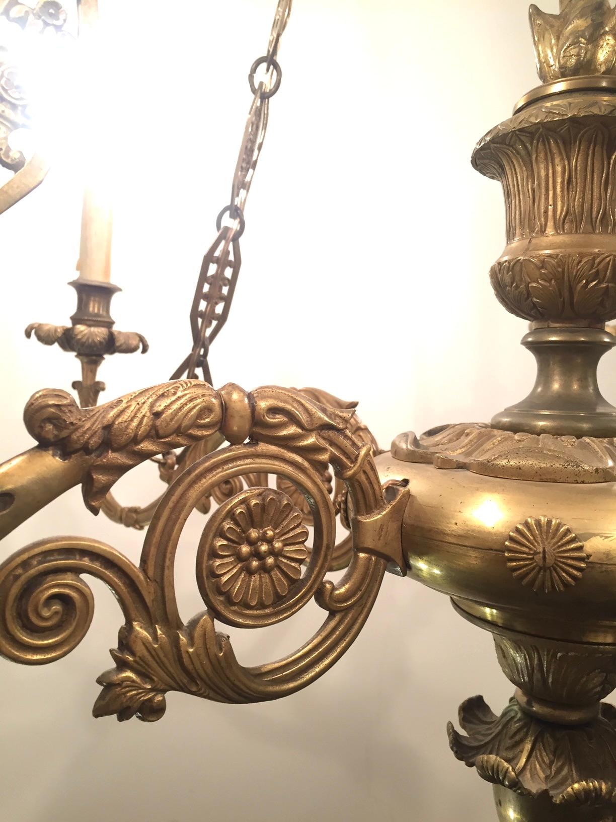 Mid-19th Century 19th Century Empire Bronze Chandelier with Palmetto Crown and Flame Center For Sale