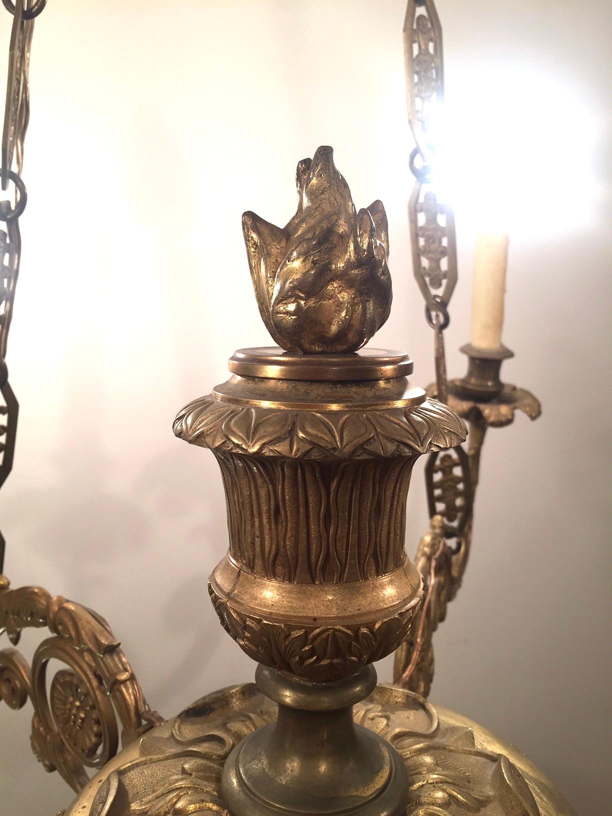 19th Century Empire Bronze Chandelier with Palmetto Crown and Flame Center For Sale 1