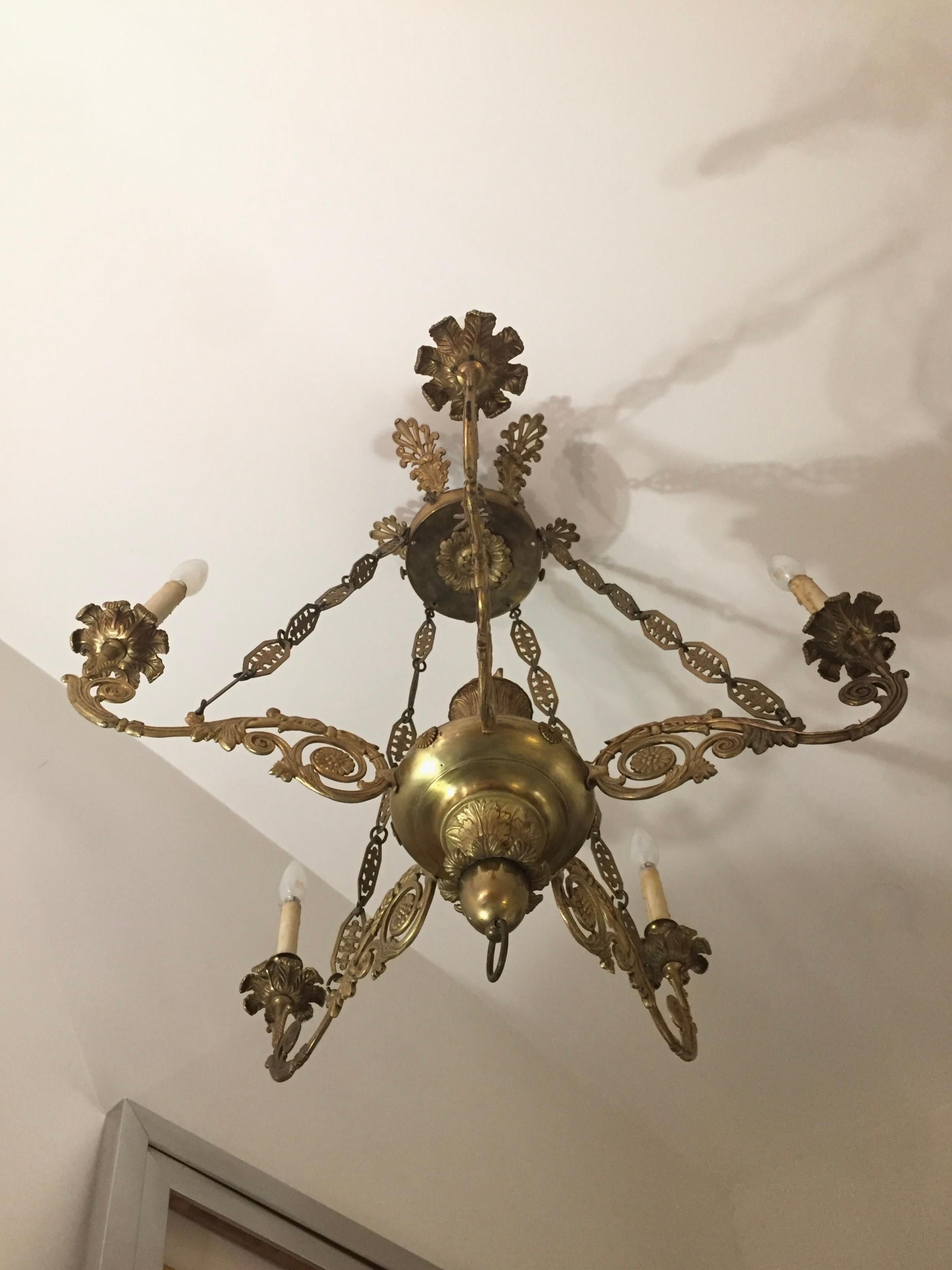 19th Century Empire Bronze Chandelier with Palmetto Crown and Flame Center For Sale 4