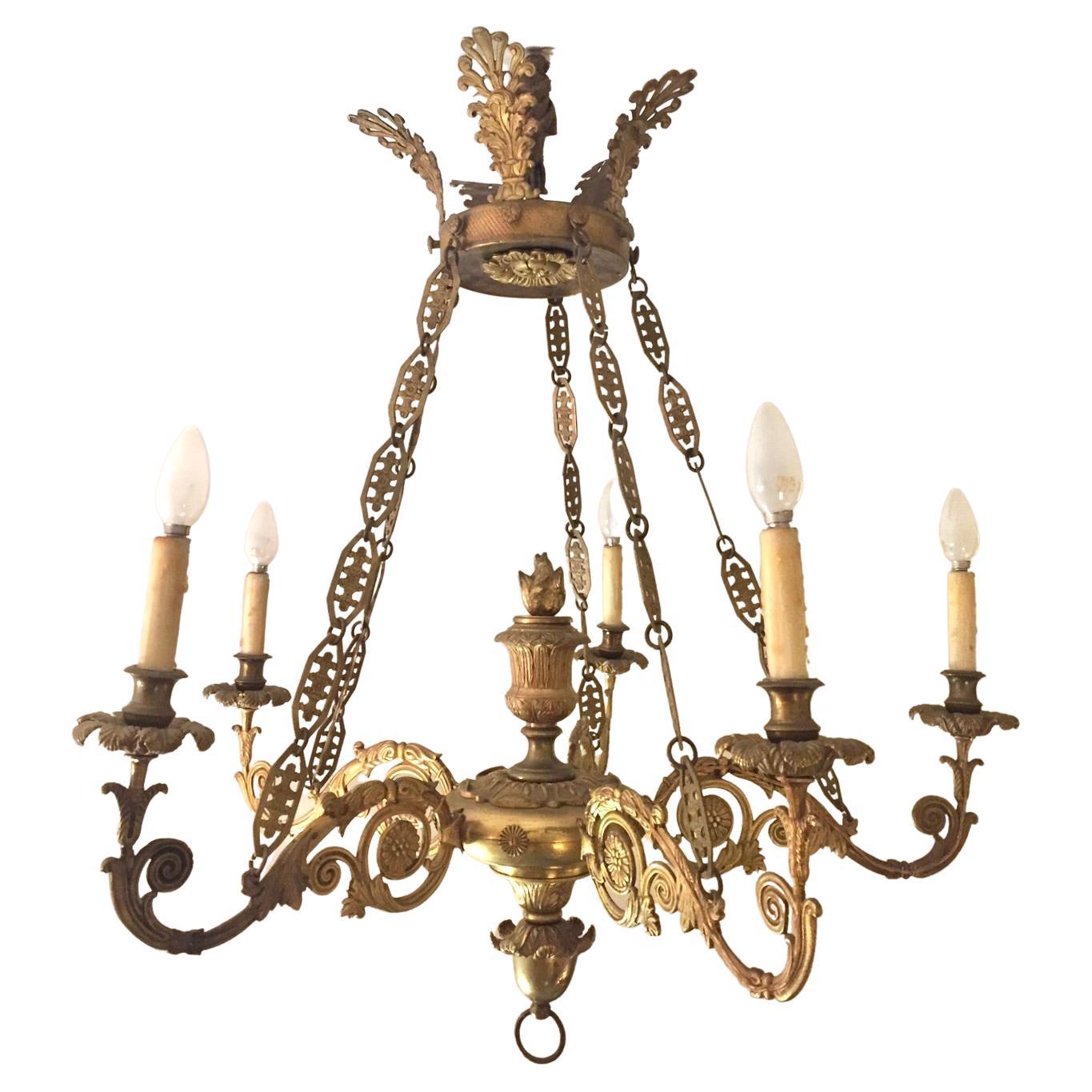 19th Century Empire Bronze Chandelier with Palmetto Crown and Flame Center For Sale