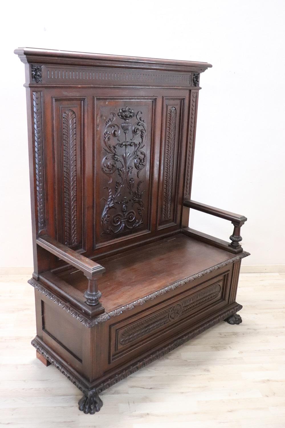Renaissance Revival 19th CenturyRenaissance Style Carved Walnut Antique Bench For Sale