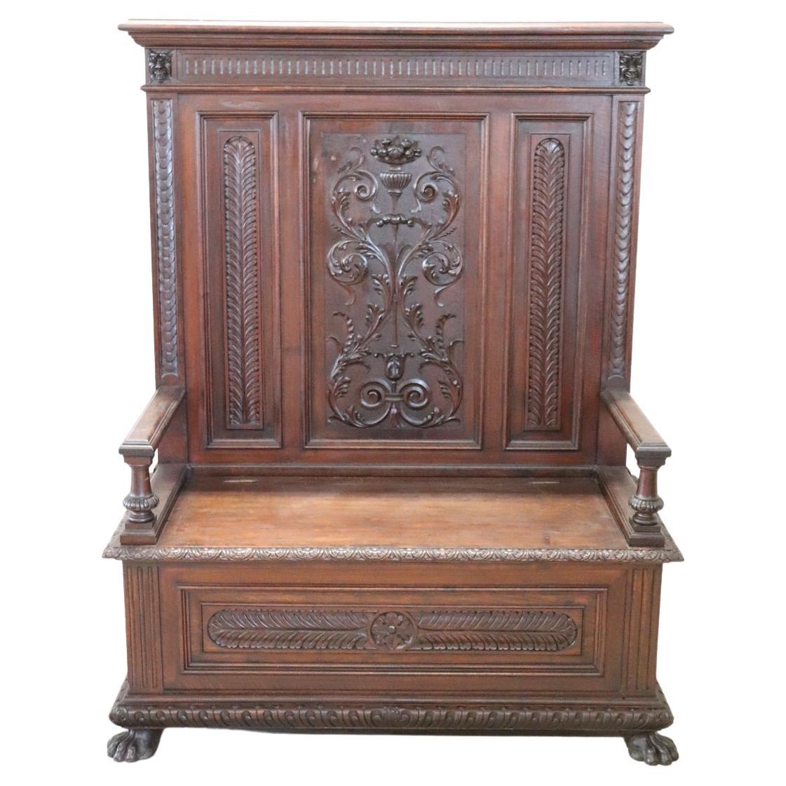 19th CenturyRenaissance Style Carved Walnut Antique Bench For Sale