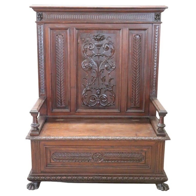 19th CenturyRenaissance Style Carved Walnut Antique Bench For Sale at