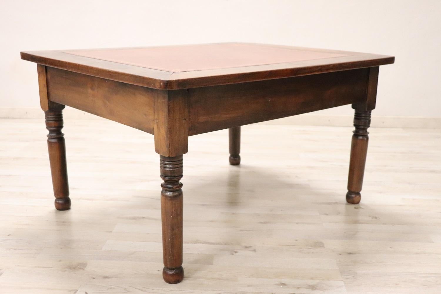 Faux Leather 19th Centuy Italian Antique Large Sofa Table or Coffee Table in Cherry Wood
