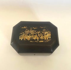 19th Cenury Black Lacquer Gilt Decorated Tea Caddy and Decorative Liners