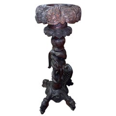 19th Century Anglo Indian Carved Bird & Serpent Wooden Blackwood Plant Stand
