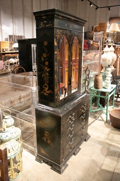 19th Chinese Black Lacquered Step Back Cupboard with Golden Decorations