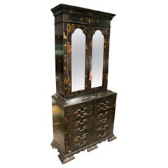 19th Chinese Black Lacquered Step Back Cupboard with Golden Decorations