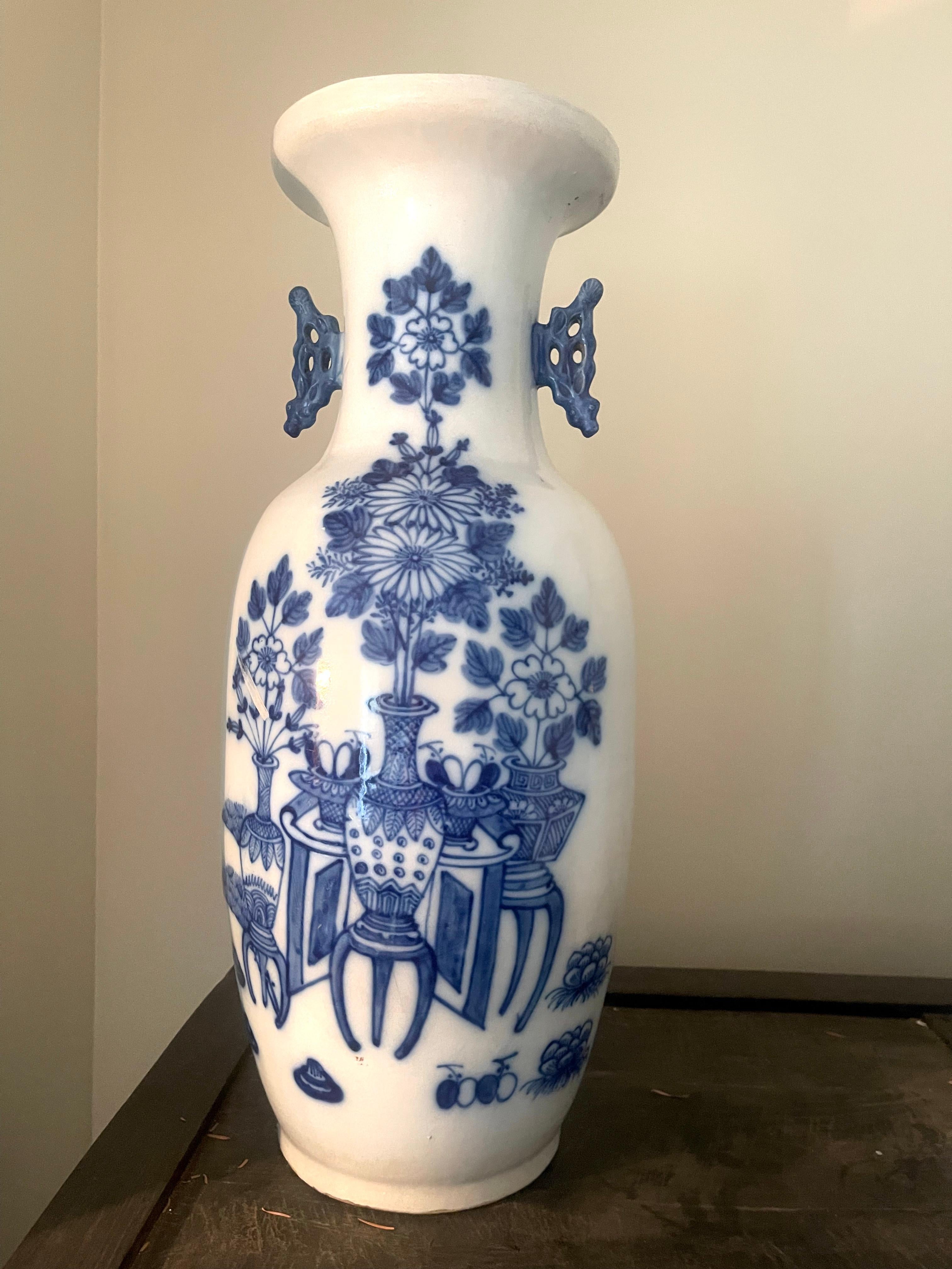 Hand-Crafted 19th Chinese Blue and White Porcelain Baluster Form Urn or Vase For Sale