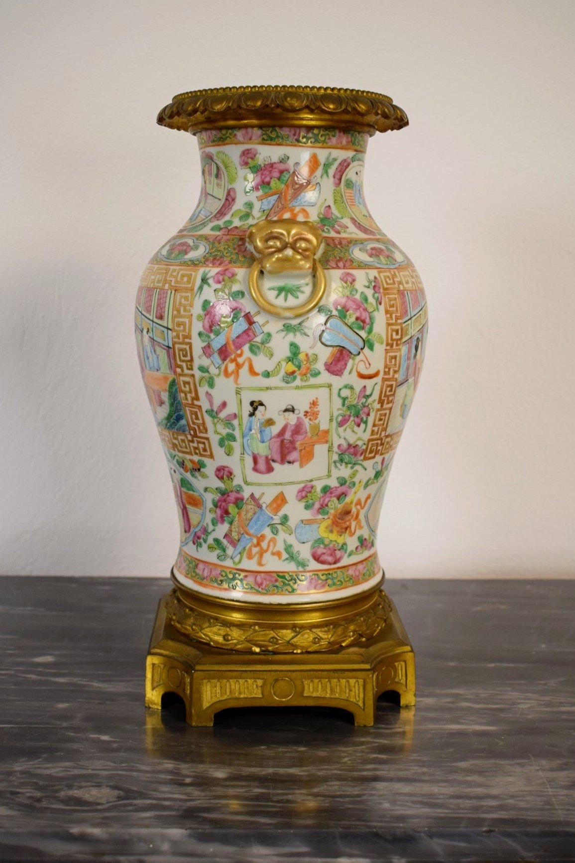 Chinoiserie 19th Chinese Canton Porcelain Vase with Polychrome and Gilt Decoration