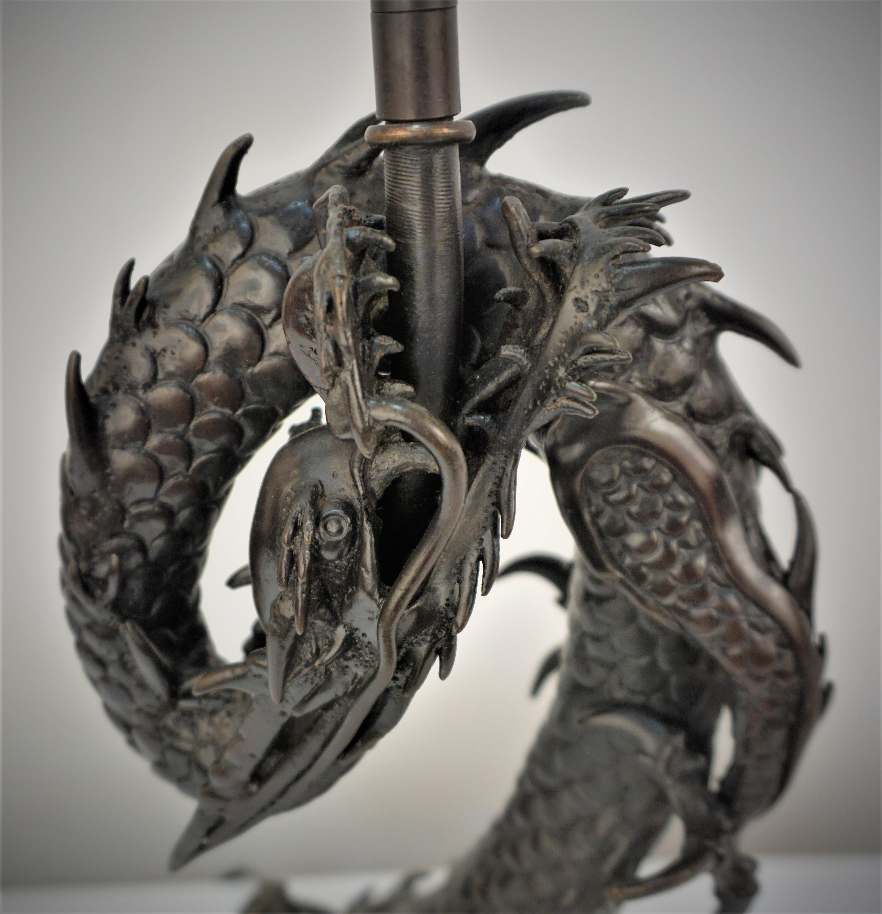 19th Chinese Electrified Bronze Dragon Candlestick Lamp 7