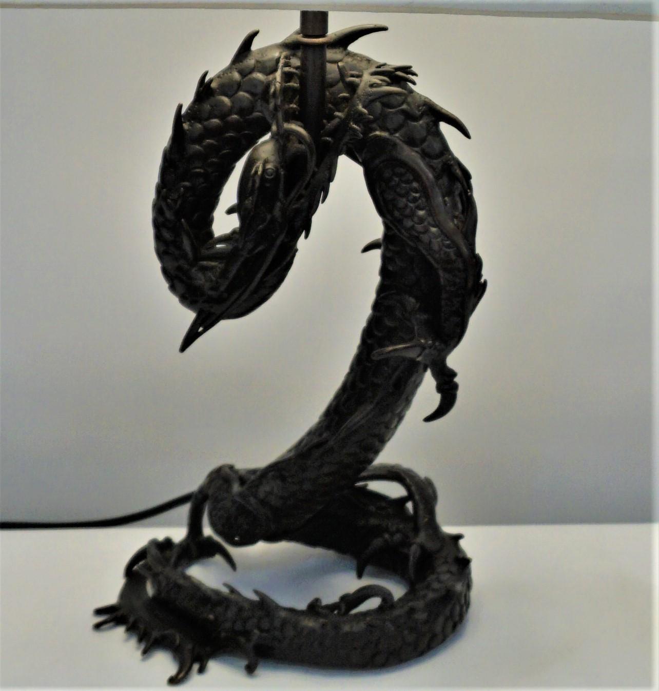 19th Chinese Electrified Bronze Dragon Candlestick Lamp In Good Condition In Fairfax, VA