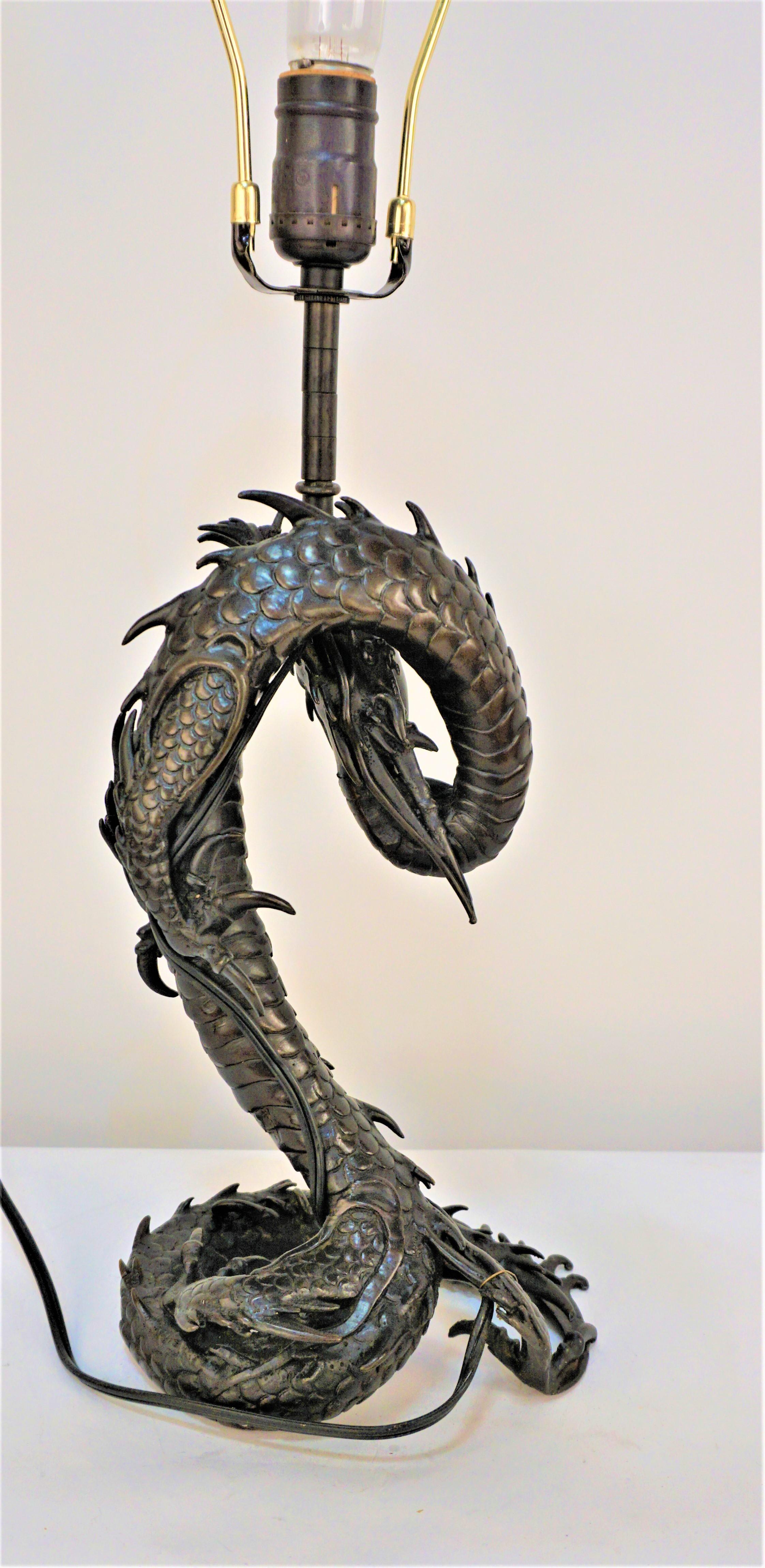 19th Chinese Electrified Bronze Dragon Candlestick Lamp 1