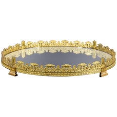 19ème:: Centre de table français circulaire en bronze doré avec miroir