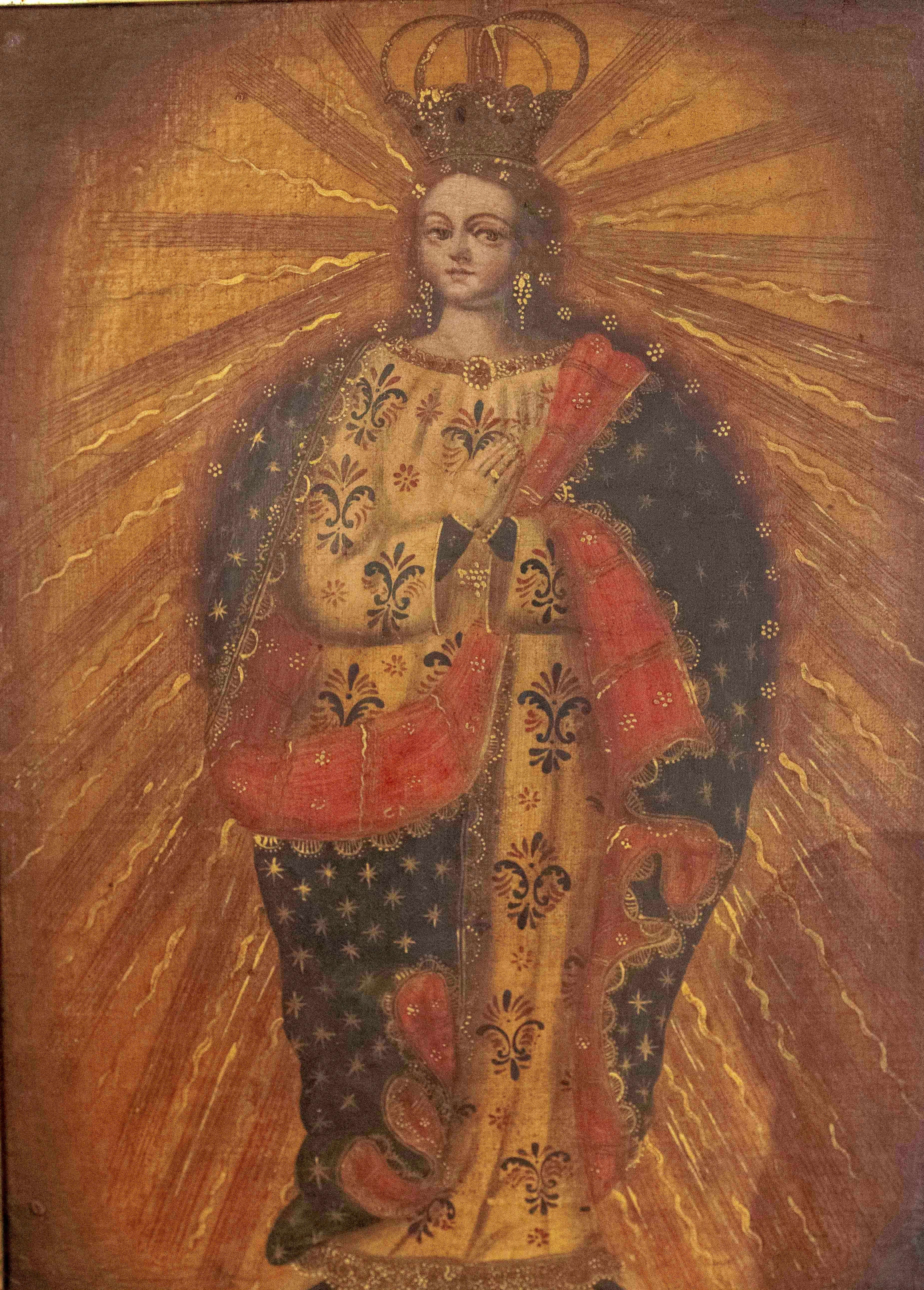 19th Colonial Oil Painting of the Virgin with Golden Rays and a Gold Leaf Frame For Sale 4