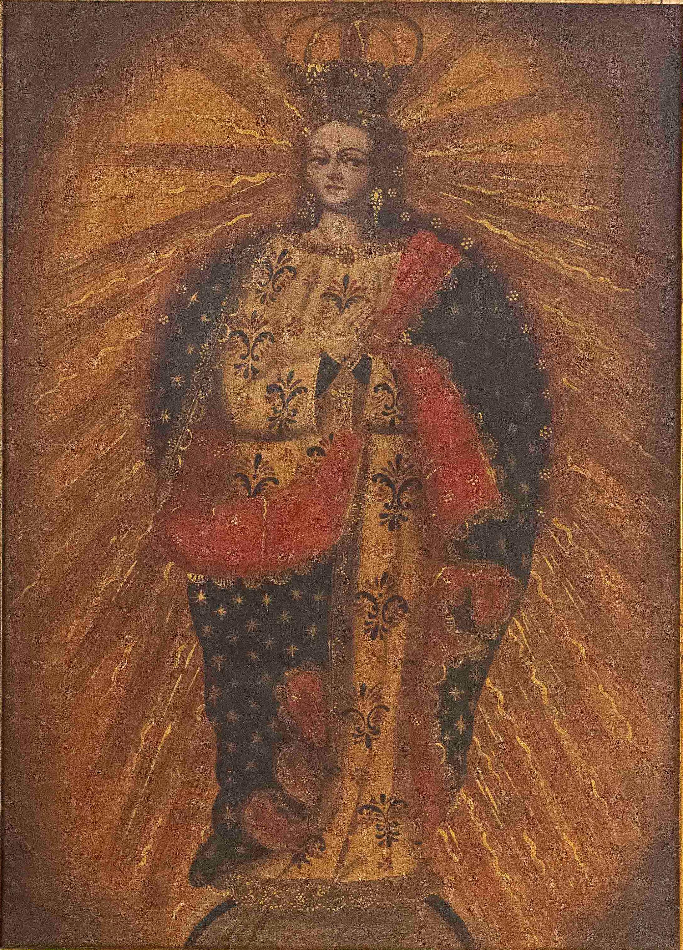 A religious painting from the Viceregal school, done in oil on canvas, depicting the crowned Virgin in a serene attitude, wrapped in a mantle decorated with floral motifs and a golden radiance. The central figure stands out for its Marian symbolism