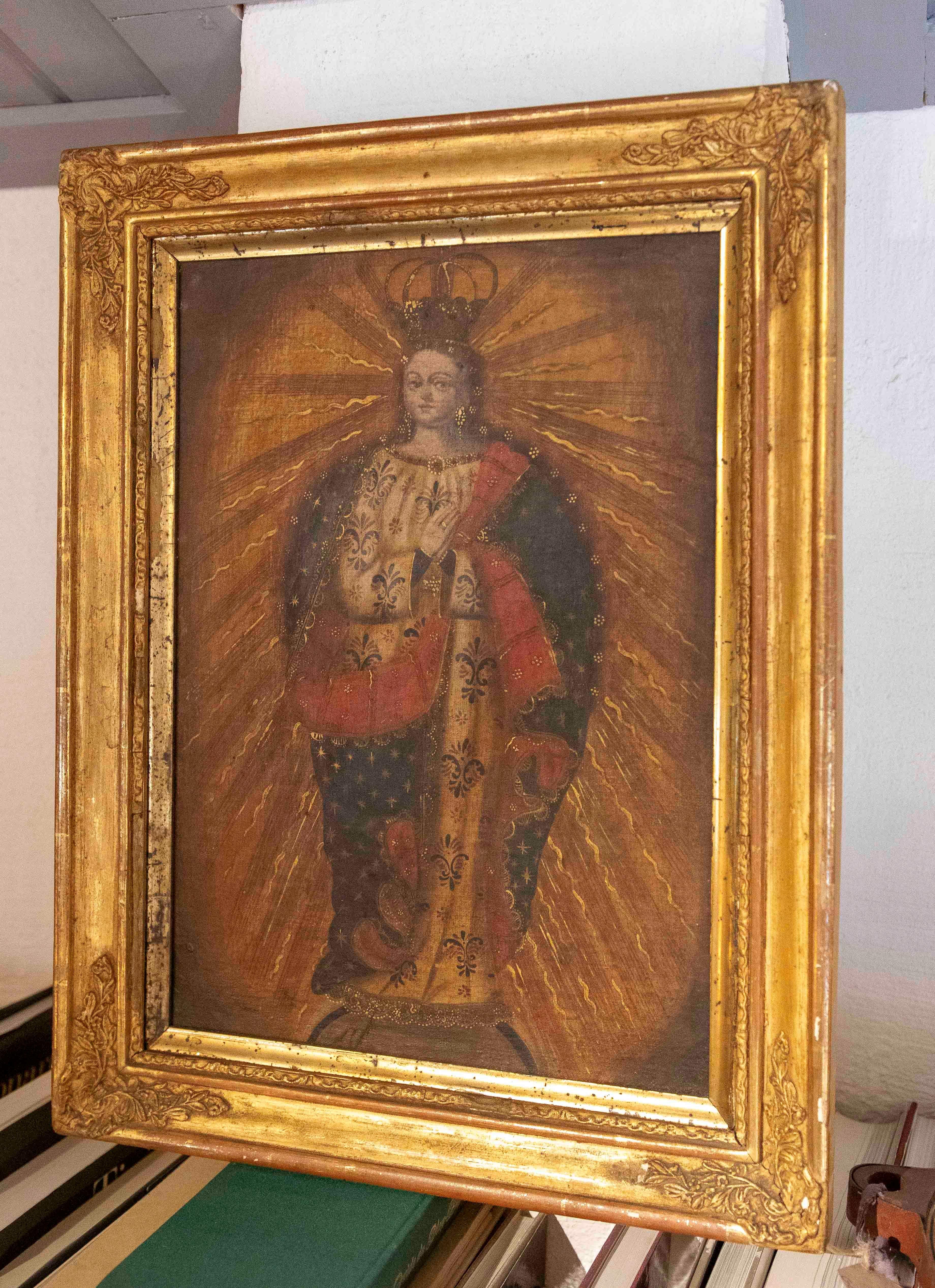 South American 19th Colonial Oil Painting of the Virgin with Golden Rays and a Gold Leaf Frame For Sale