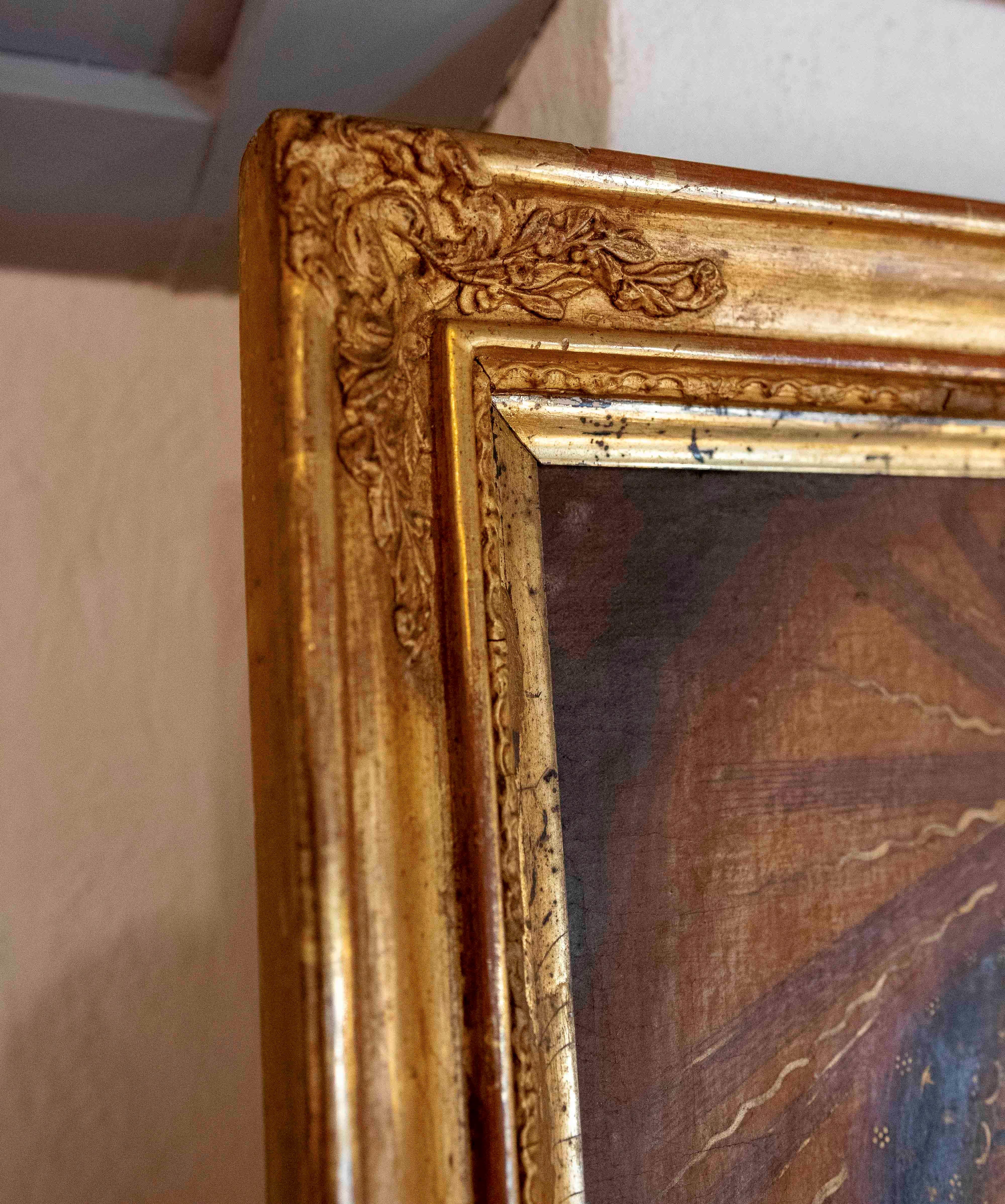 Canvas 19th Colonial Oil Painting of the Virgin with Golden Rays and a Gold Leaf Frame For Sale