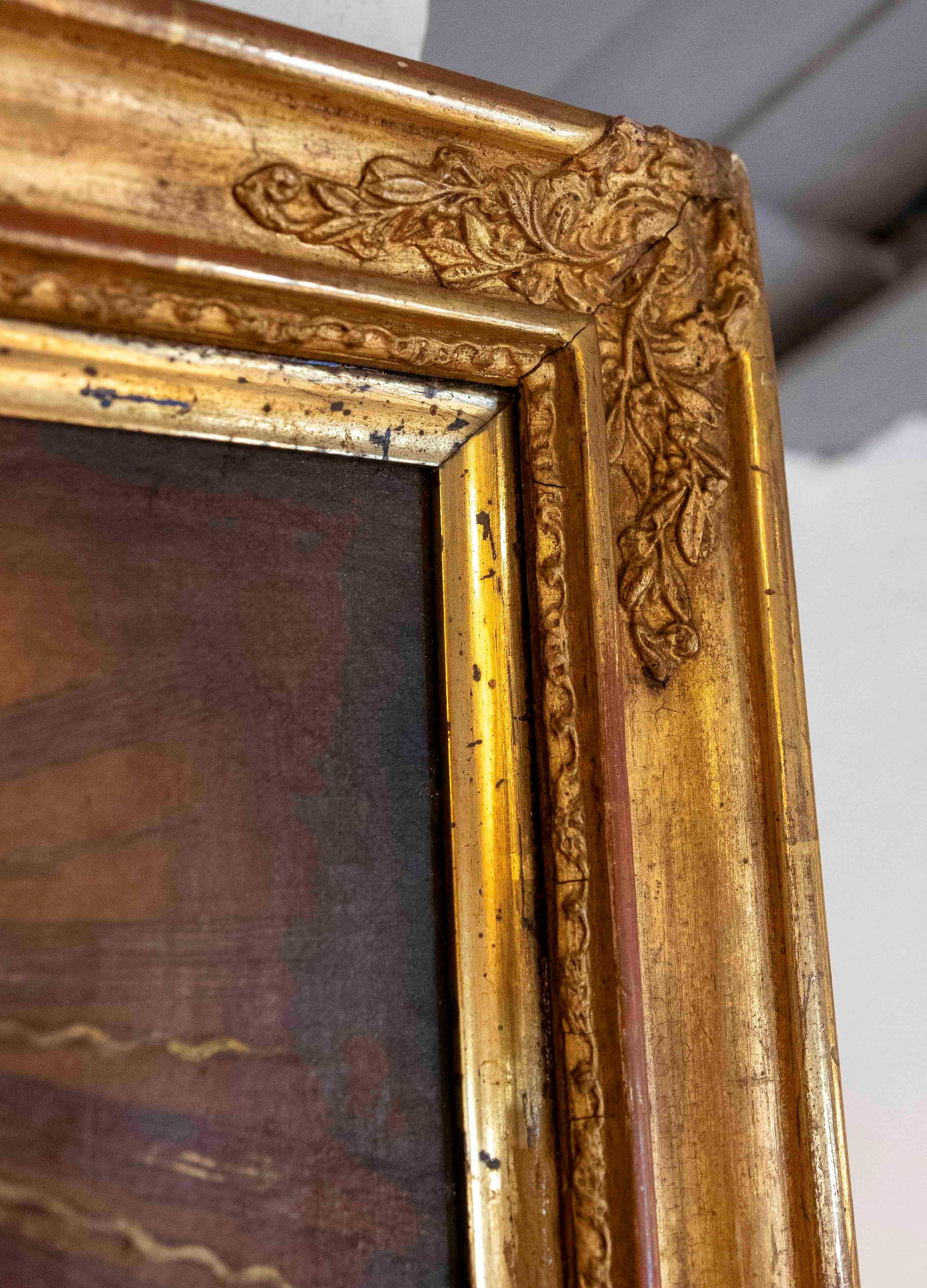 19th Colonial Oil Painting of the Virgin with Golden Rays and a Gold Leaf Frame For Sale 1