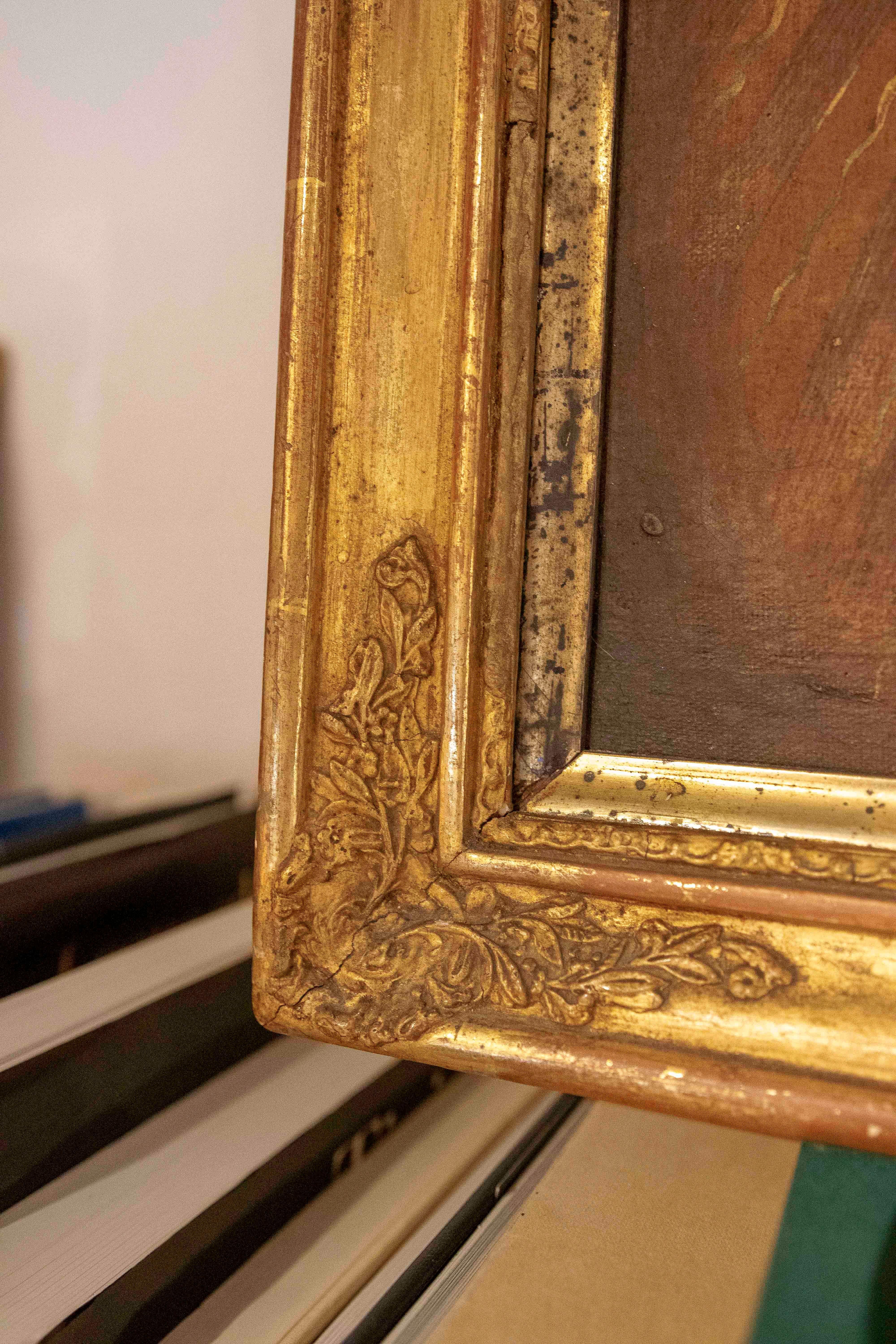 19th Colonial Oil Painting of the Virgin with Golden Rays and a Gold Leaf Frame For Sale 3