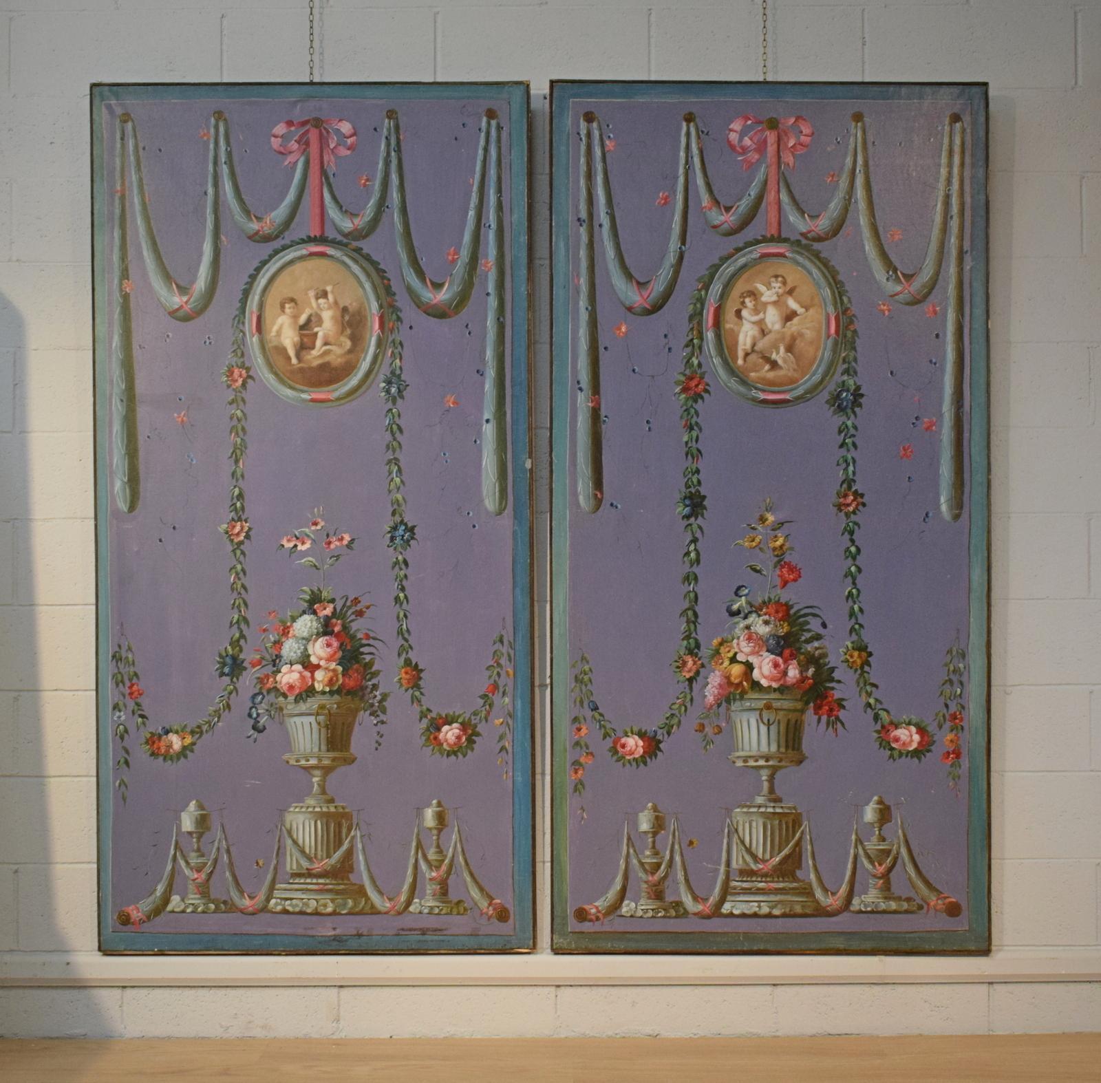 19th century, couple of oil on canvas Italian neoclassical style vases and floral garlands paintings

The pair of large oil on canvas paintings presents a decoration of neoclassical style. On a cerulean background are painted vases and flowers,