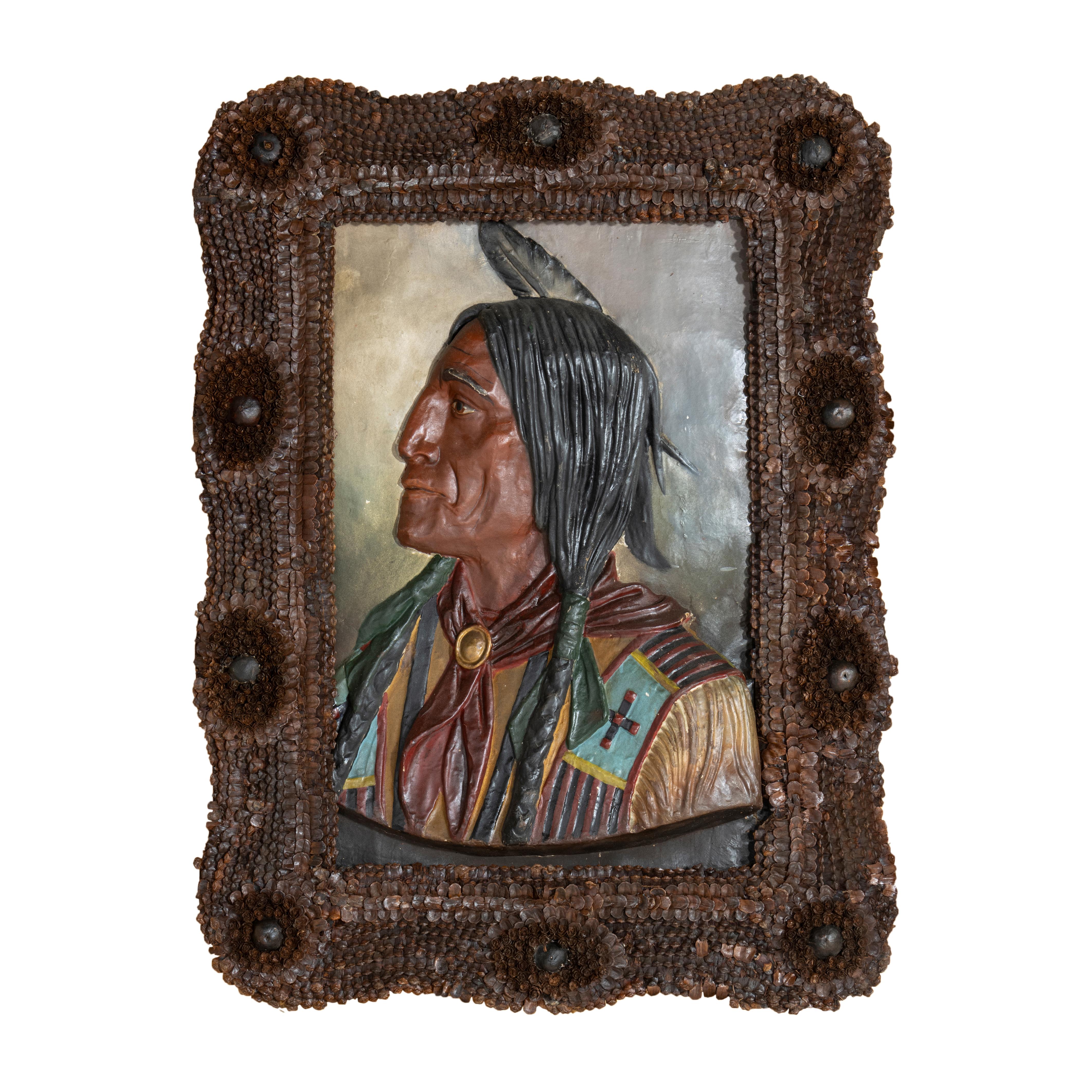 Hand-Crafted 19th Ctry Paper Mache and Pinecone Native Portrait For Sale