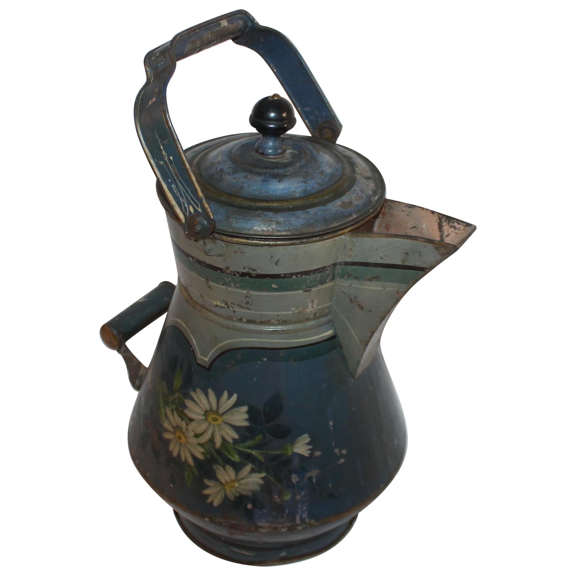 19th Decorated Blue Tin Tole Water Kettle For Sale