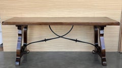 19th C. Dining or Console Table of Walnut with Lyre Legs and Heavy Top, Spain