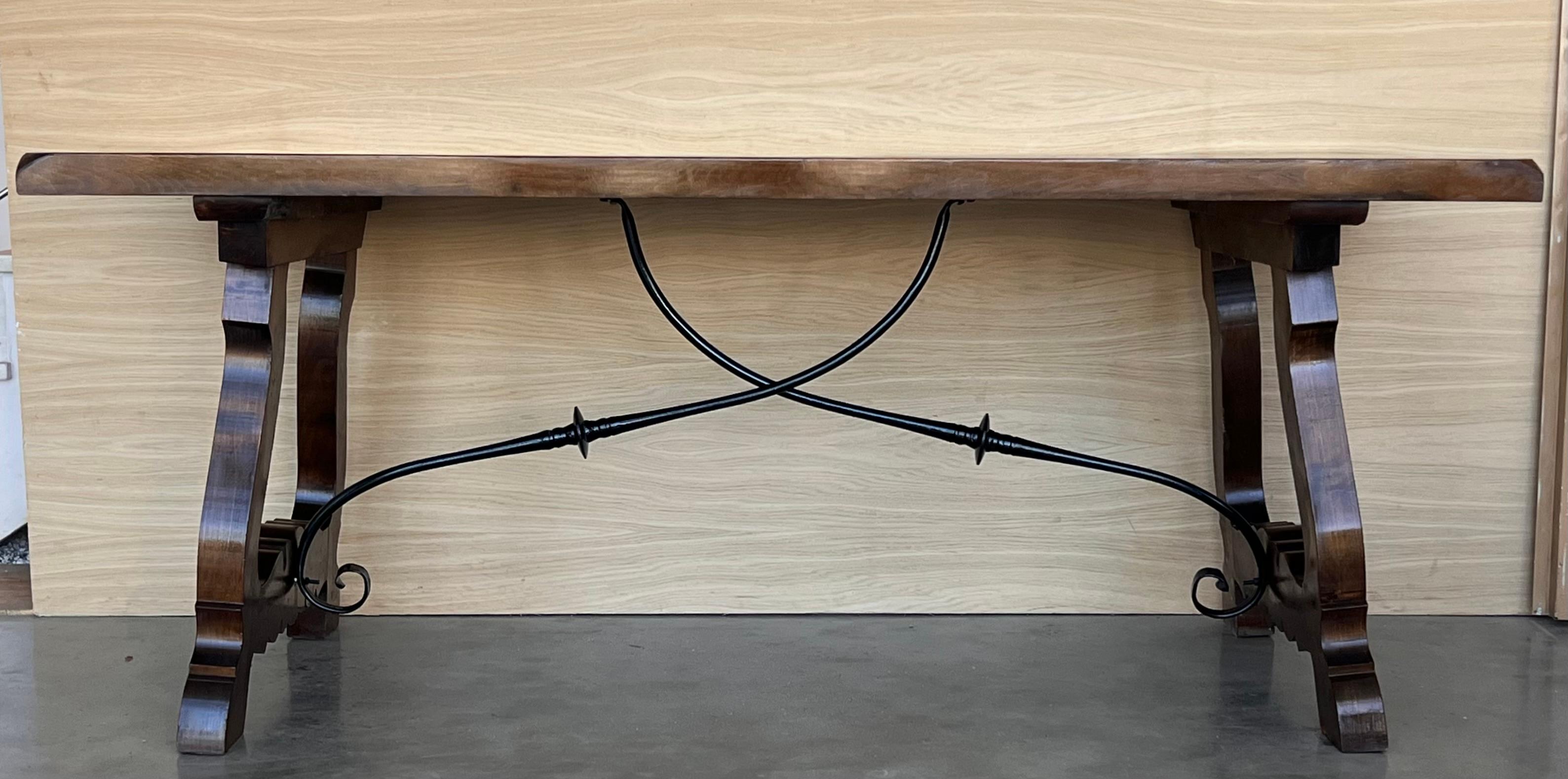 Spanish 19th C. Dining or Console Table of Walnut with Lyre Legs and Heavy Top, Spain For Sale