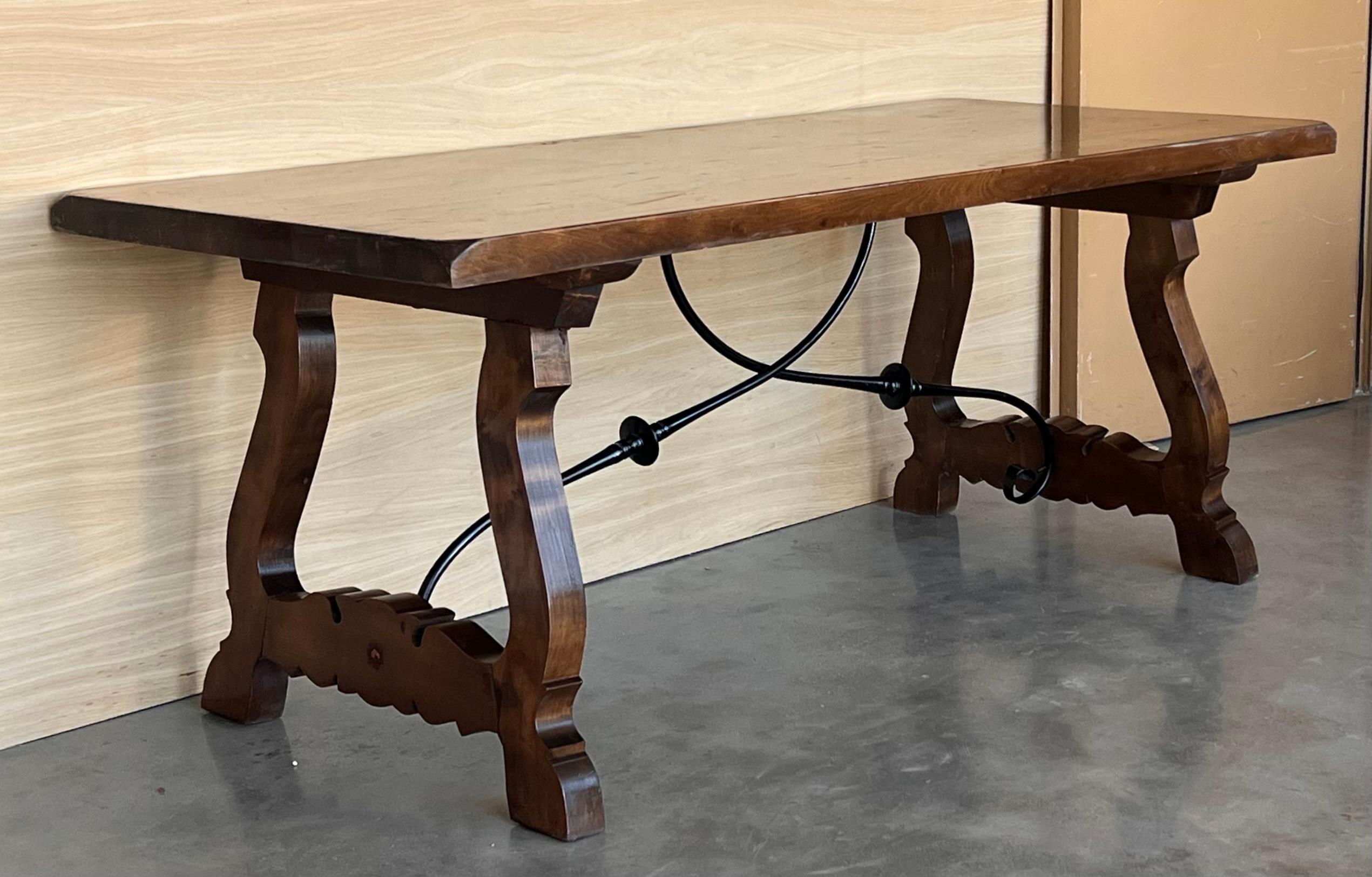 Carved 19th C. Dining or Console Table of Walnut with Lyre Legs and Heavy Top, Spain For Sale