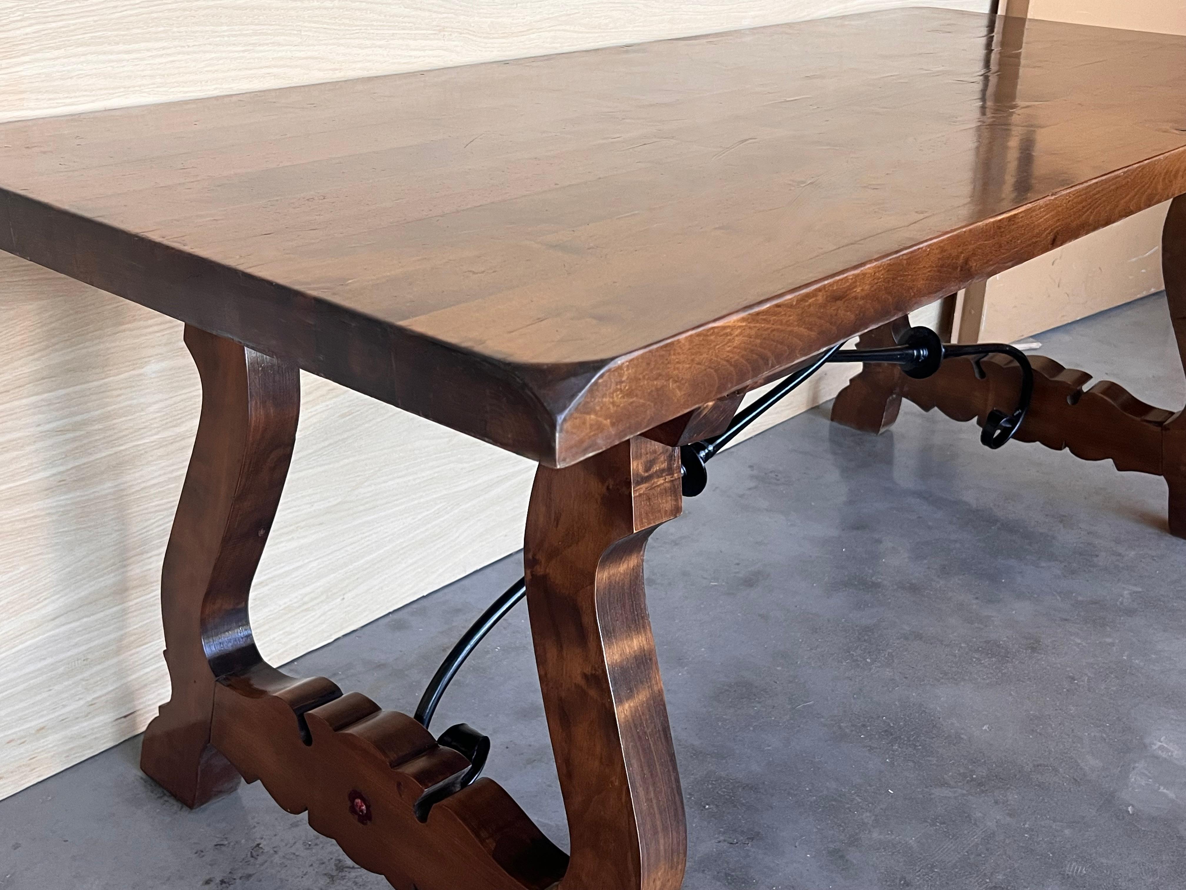 19th C. Dining or Console Table of Walnut with Lyre Legs and Heavy Top, Spain In Good Condition For Sale In Miami, FL