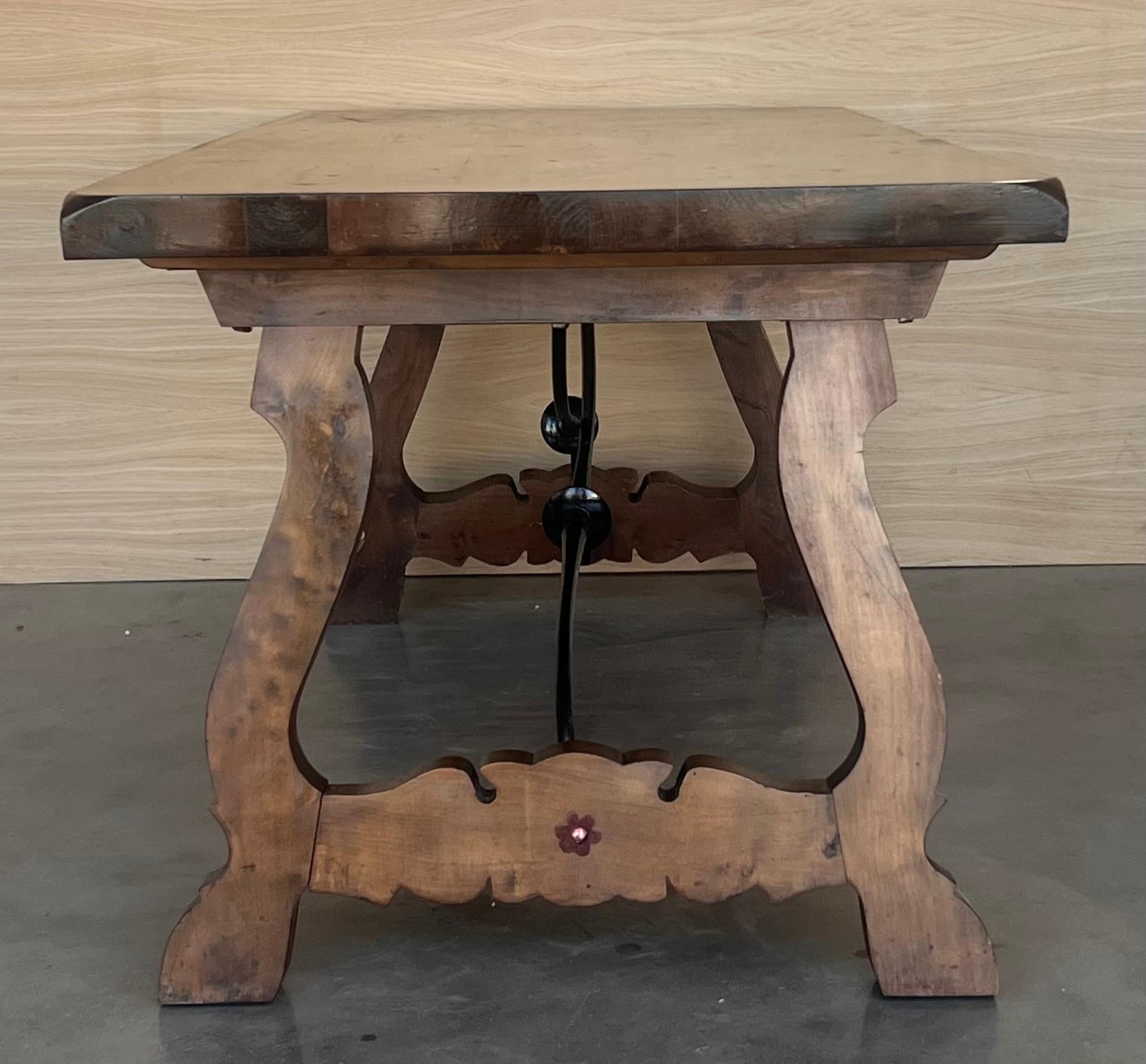 Iron 19th C. Dining or Console Table of Walnut with Lyre Legs and Heavy Top, Spain For Sale