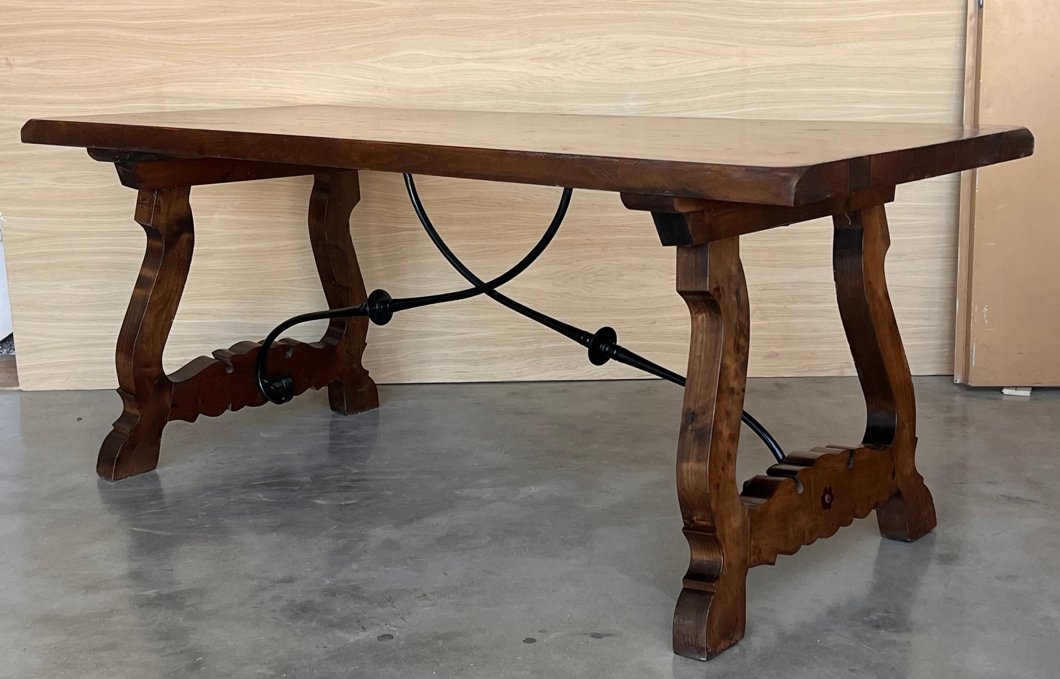 19th C. Dining or Console Table of Walnut with Lyre Legs and Heavy Top, Spain For Sale 2