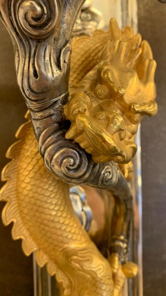 19th Style Dragon Pair of Wall Lamp in Bronze Oxidized Silver and 24K Gold