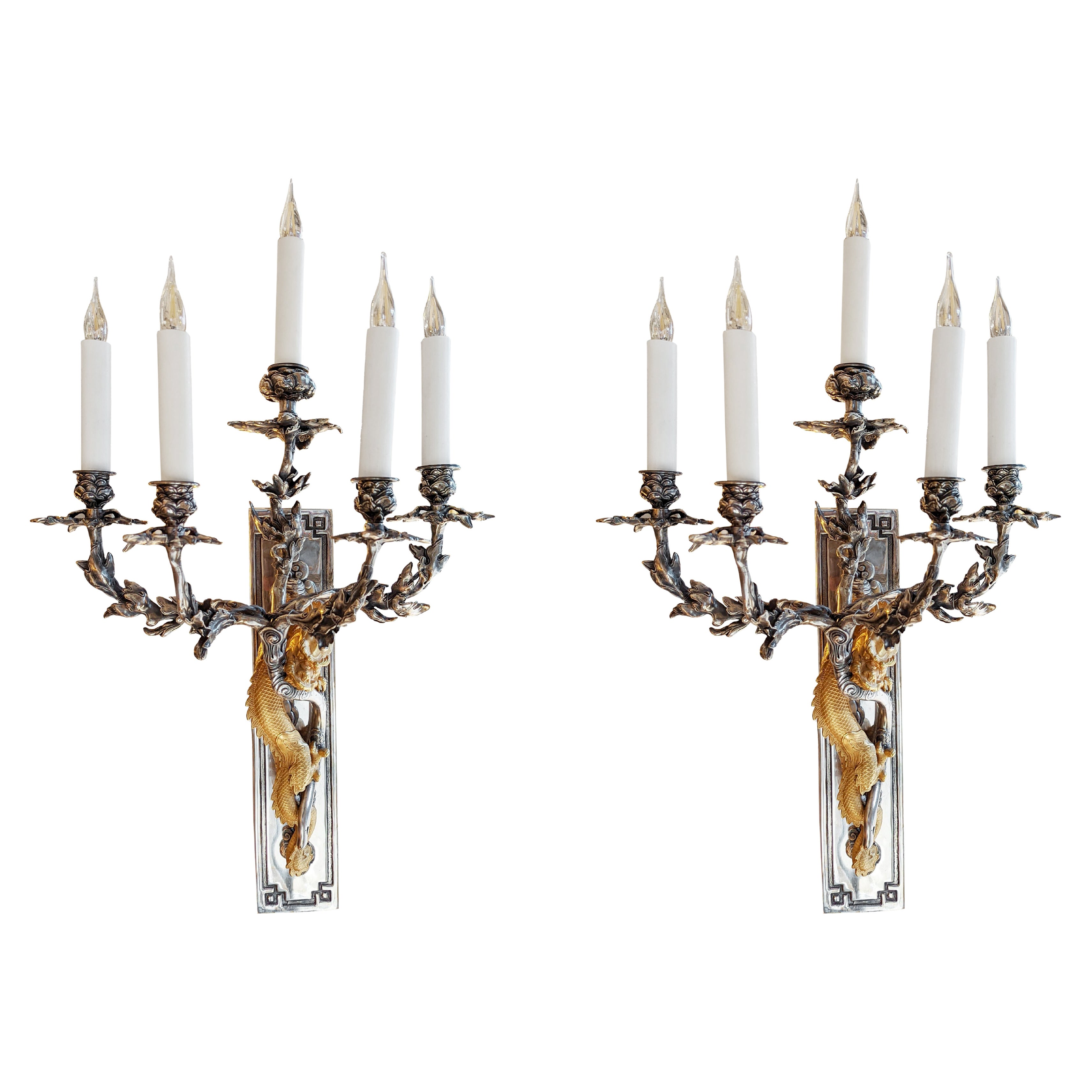 Pareja de apliques del siglo XIX en bronce oxidado, plata y oro de 24 quilates en venta
