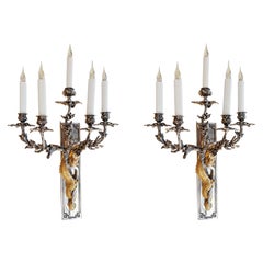 Pareja de apliques del siglo XIX en bronce oxidado, plata y oro de 24 quilates