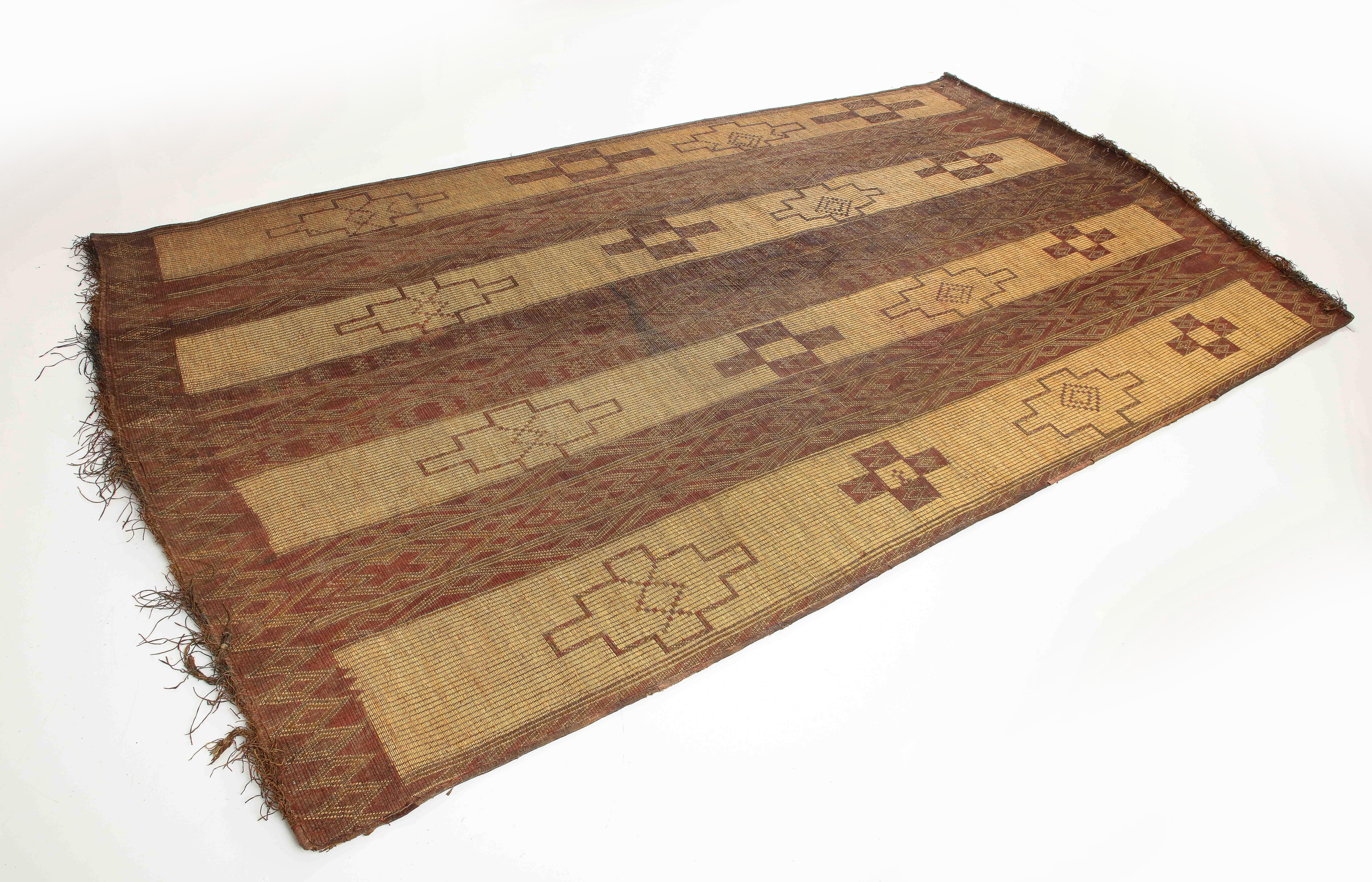 19th /early 20th C. Tuareg Leather & Reed Hand-Woven Carpet, Sahara Desert For Sale 1
