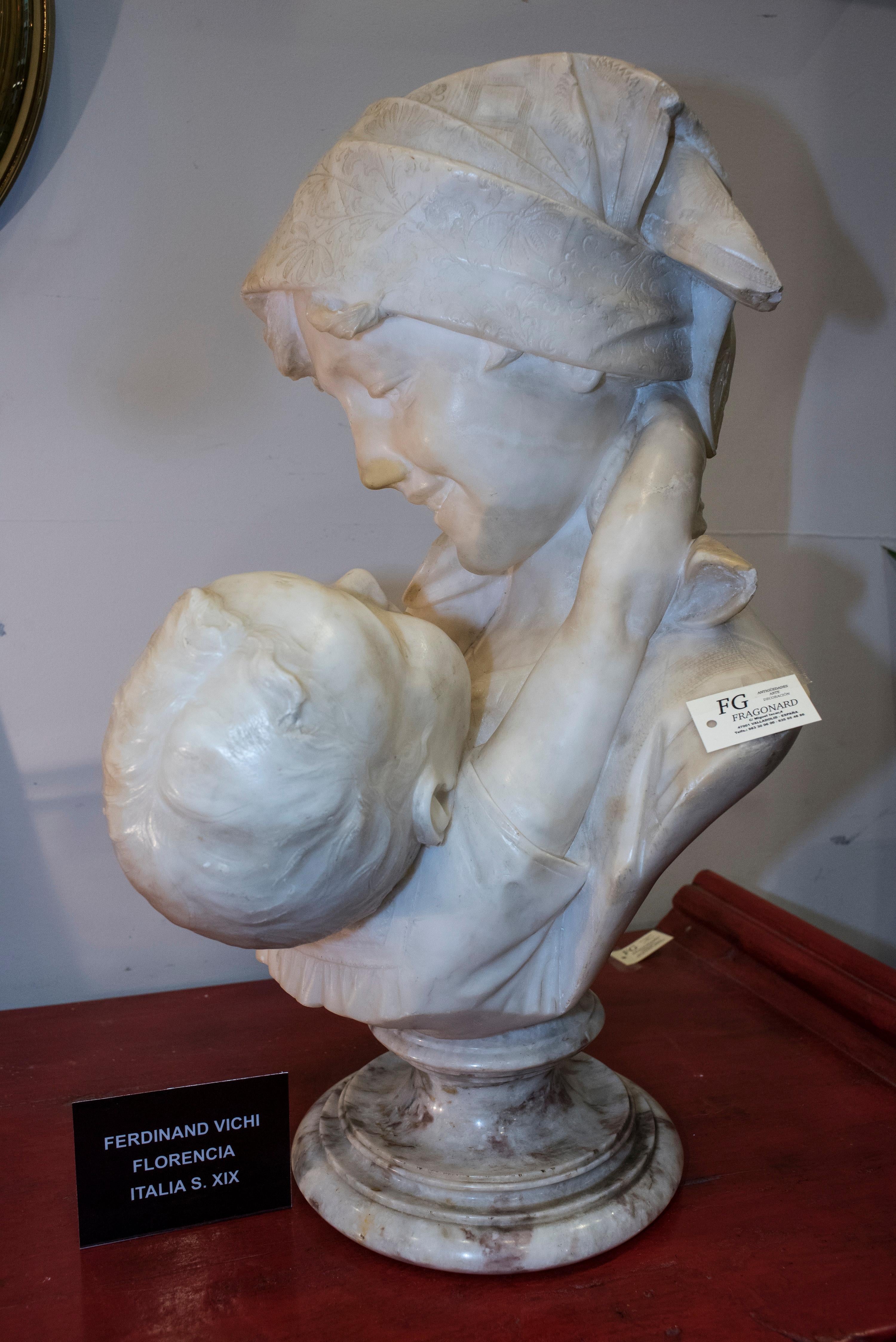 19th-Early 20th Century Alabaster Mother&child Ferdinand Vichi Italian Sculpture 8
