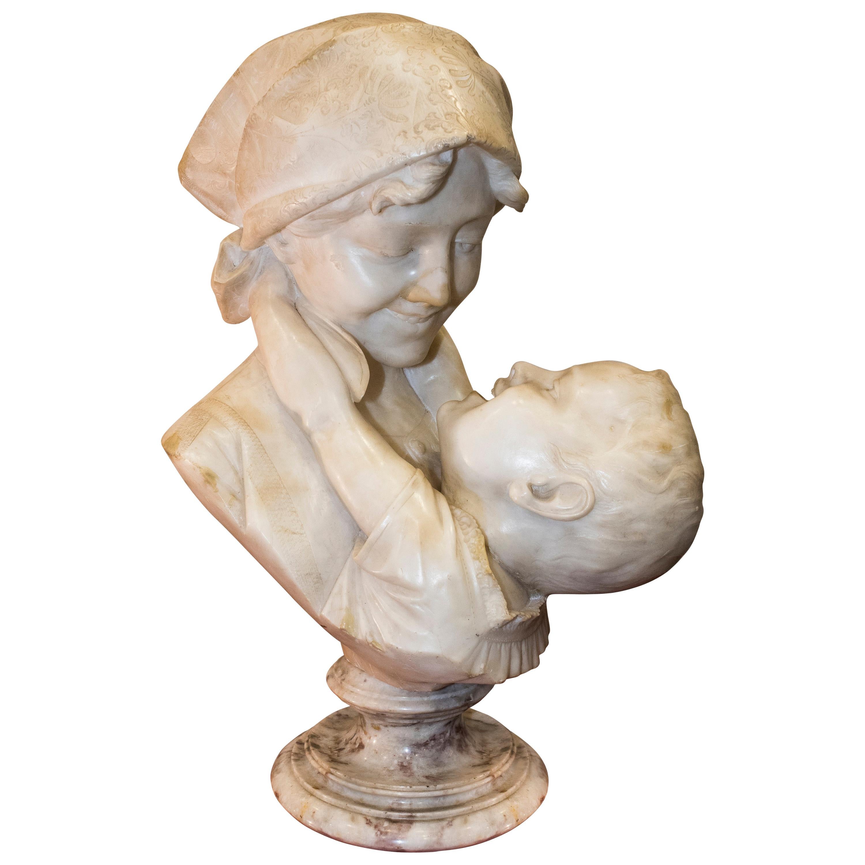 19th-Early 20th Century Alabaster Mother&child Ferdinand Vichi Italian Sculpture