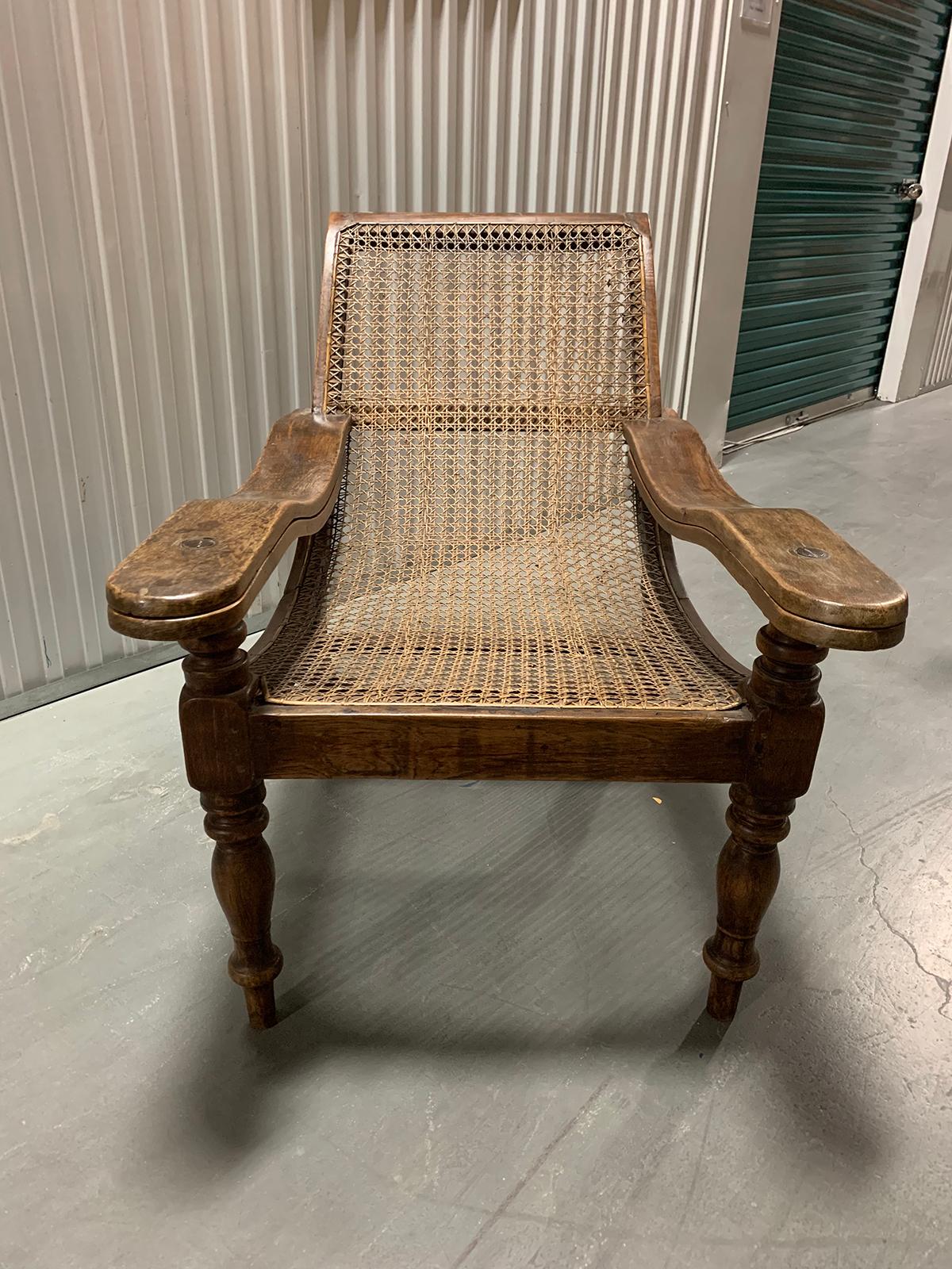 19th-Early 20th Century Anglo-Caribbean Caned Planters Chair with Leg Stretchers In Good Condition In Atlanta, GA