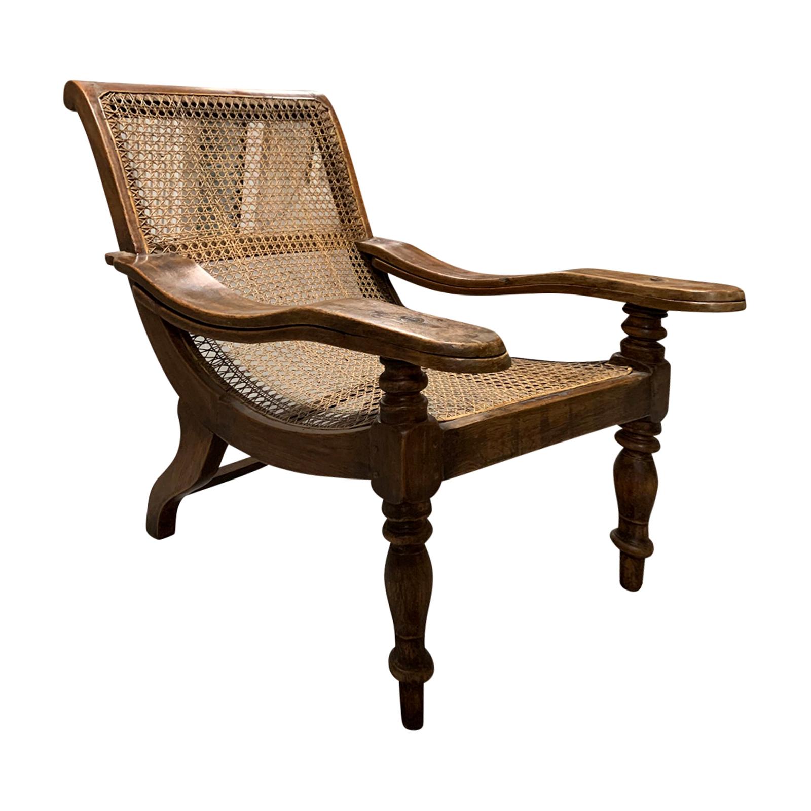 19th-Early 20th Century Anglo-Caribbean Caned Planters Chair with Leg Stretchers