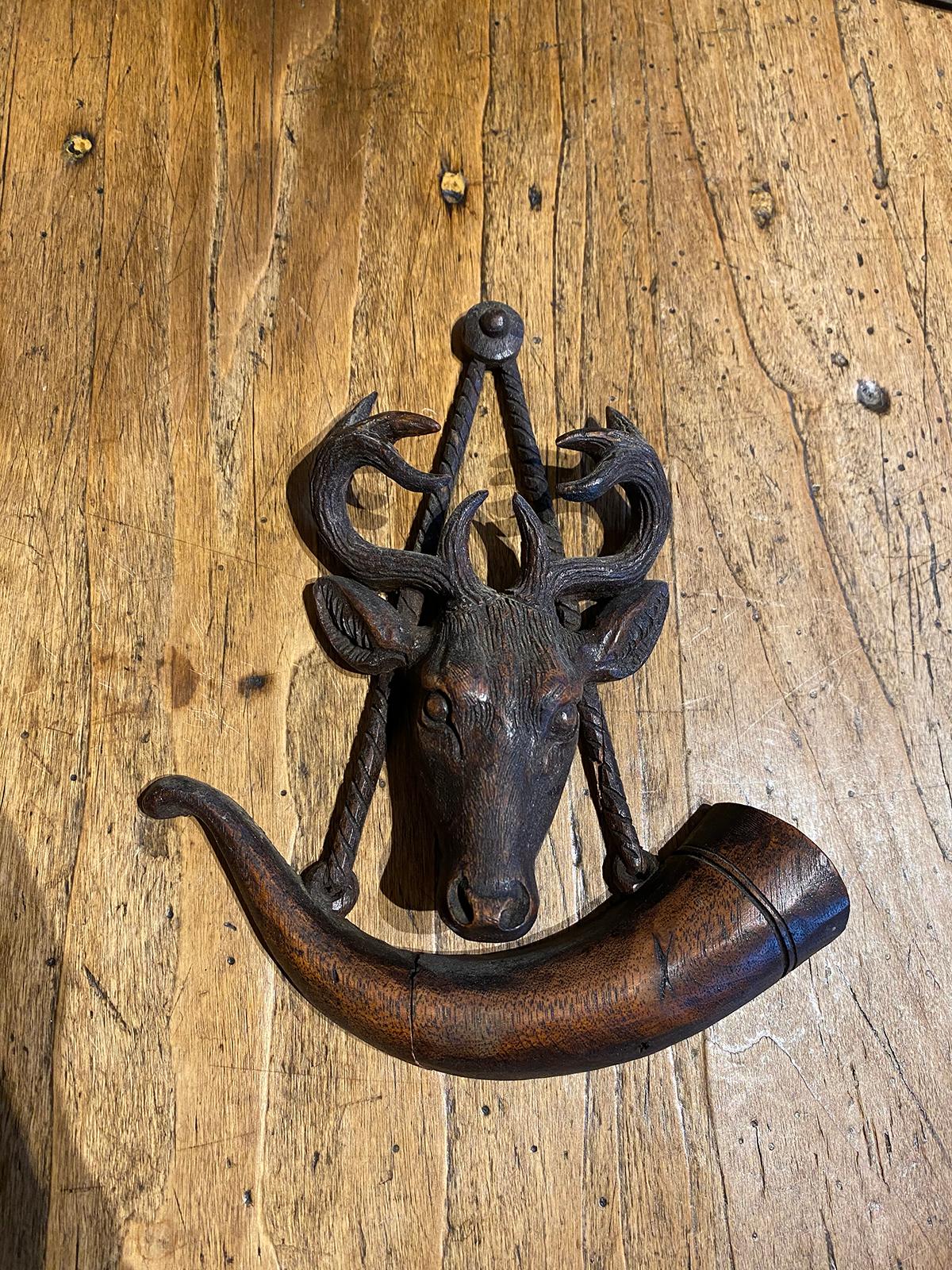 19th-early 20th century carved Black Forest deer head with horn
One antler needs repair - see additional photos.