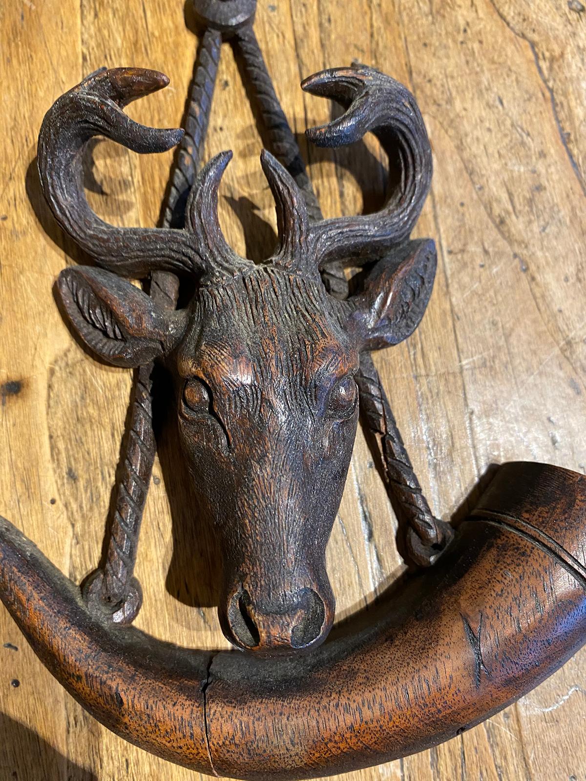 Wood 19th-Early 20th Century Carved Black Forest Deer Head with Horn