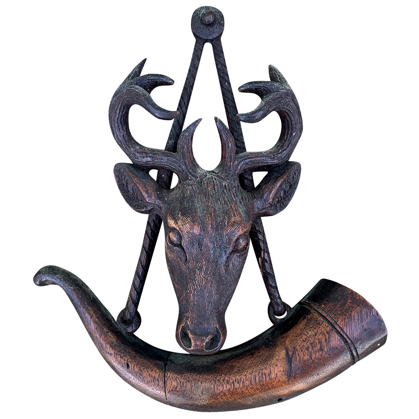 19th-Early 20th Century Carved Black Forest Deer Head with Horn